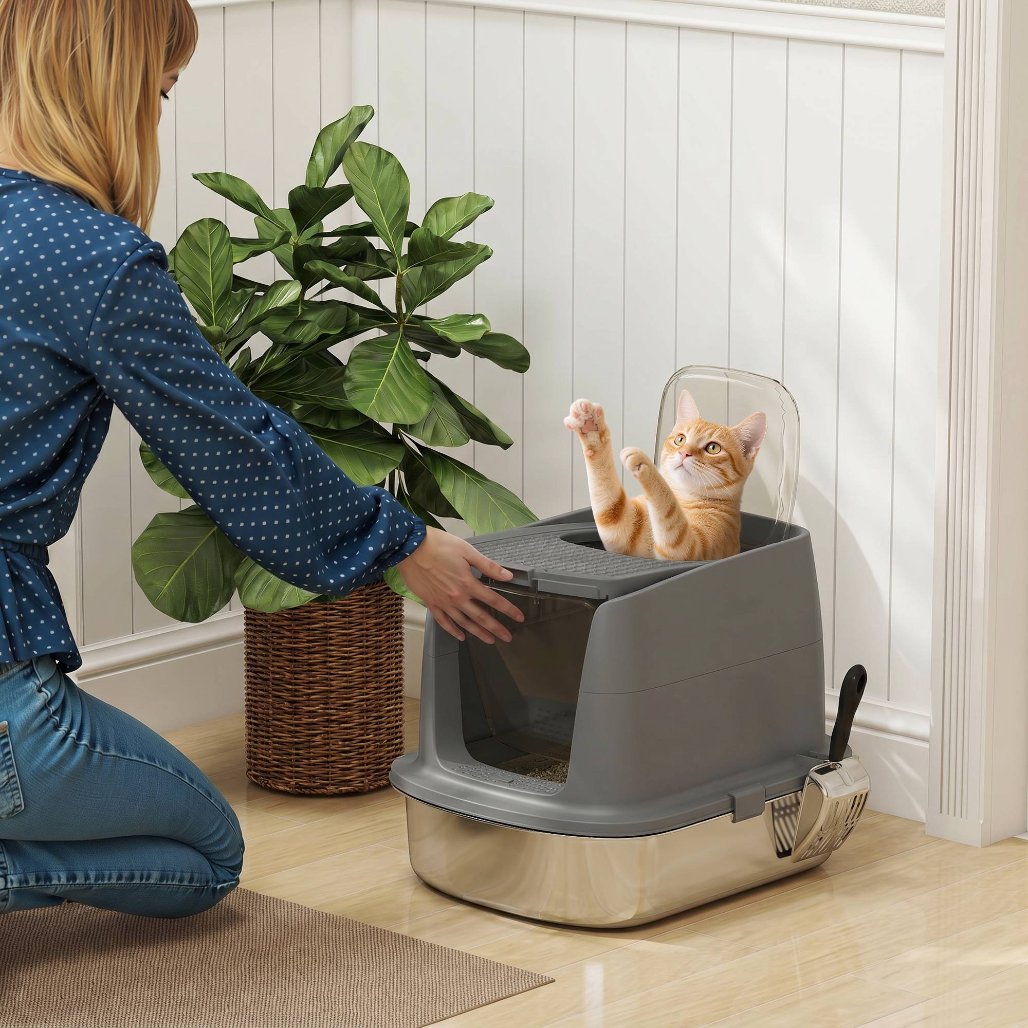 Grand bac à litière pour chat en acier inoxydable, avec bac fermé, pelle en métal et sac désodorisant, gris foncé - Image 10