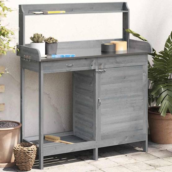 Table de Jardinage Grise en Bois Massif de Sapin avec Armoire Tiroir et Surface Zinc – ComfortXL Outdoor Living - Imagen 1