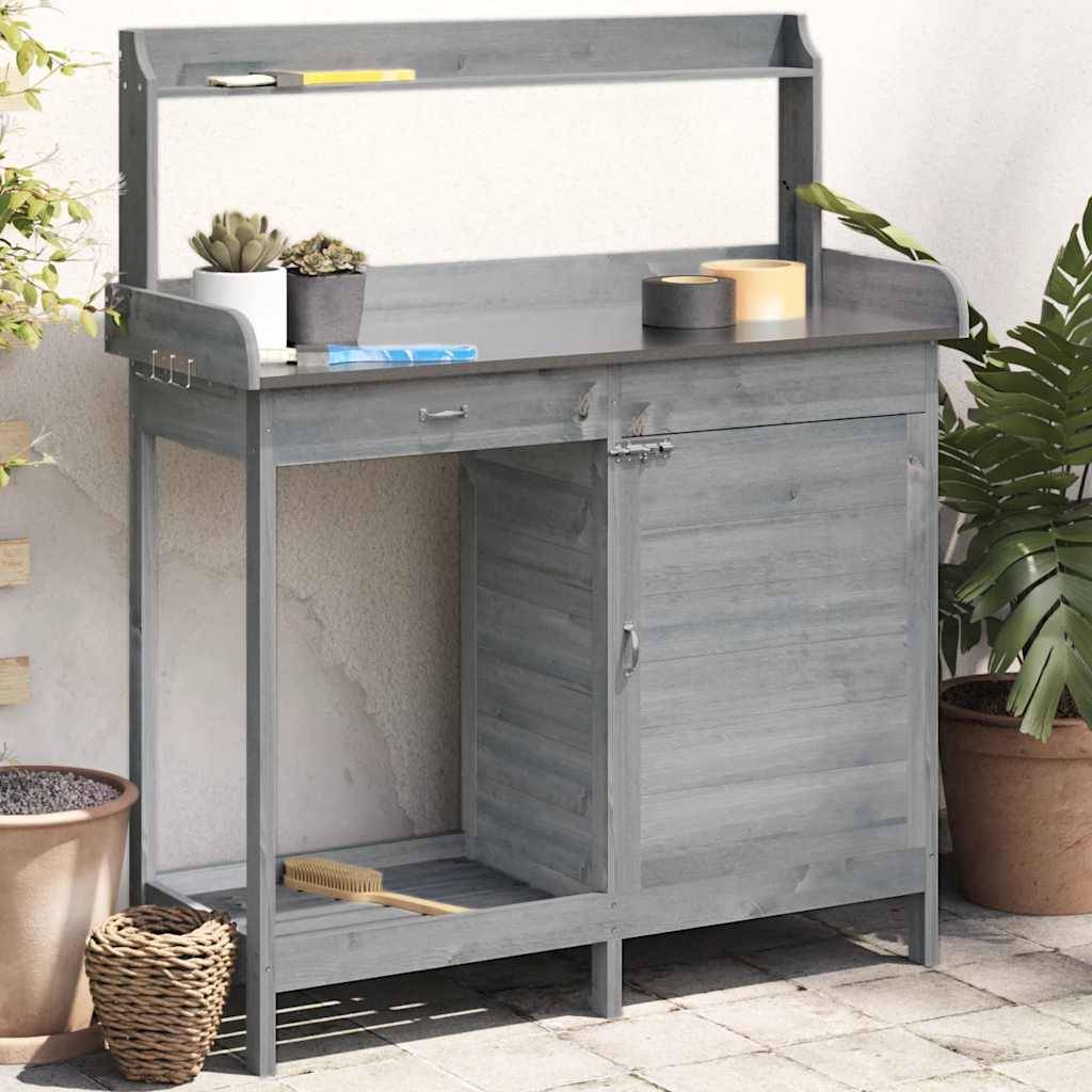 Table de Jardinage Grise en Bois Massif de Sapin avec Armoire Tiroir et Surface Zinc – ComfortXL Outdoor Living - Imagen 1