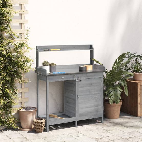 Table de Jardinage Grise en Bois Massif de Sapin avec Armoire Tiroir et Surface Zinc – ComfortXL Outdoor Living - Imagen 3