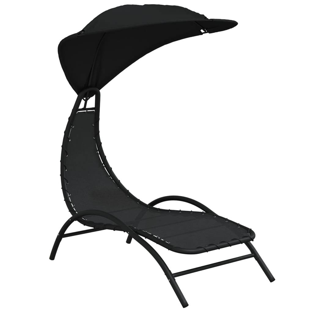 Helloshop26 - Transat chaise longue bain de soleil lit de jardin terrasse meuble d'extérieur avec auvent 167 x 80 x 195 cm tissu et acier noir - Imagen 1