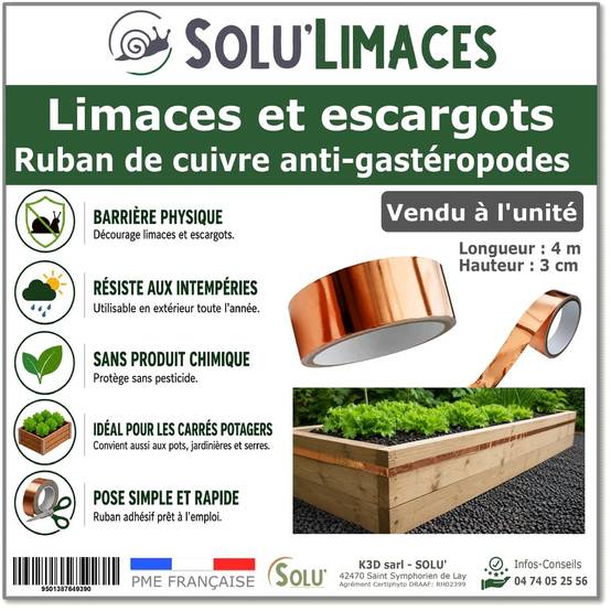Tout pour les nuisibles - Ruban de Cuivre Anti-Limaces et Escargots SOLU'LIMACES – Barrière Physique Adhésive pour Potager, Jardinières, Pots et Bacs de Culture - Image 1
