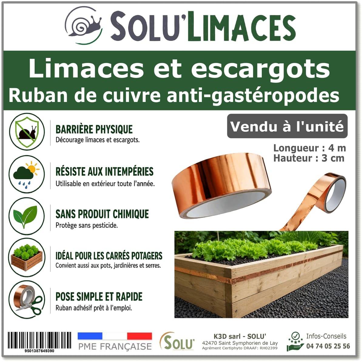 Tout pour les nuisibles - Ruban de Cuivre Anti-Limaces et Escargots SOLU'LIMACES – Barrière Physique Adhésive pour Potager, Jardinières, Pots et Bacs de Culture