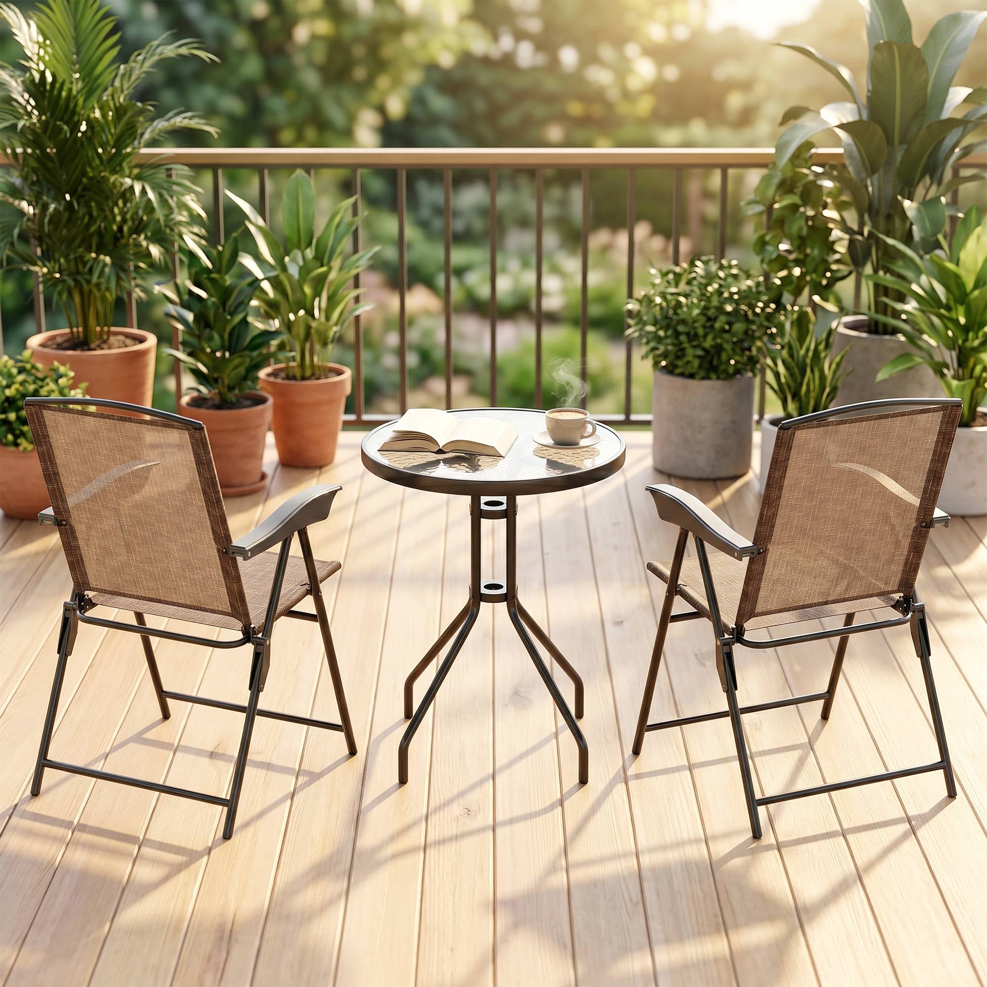 Petite table avec 2 chaises, ensemble 3 pcs pliant réglable extérieur textilene marron - Image 10