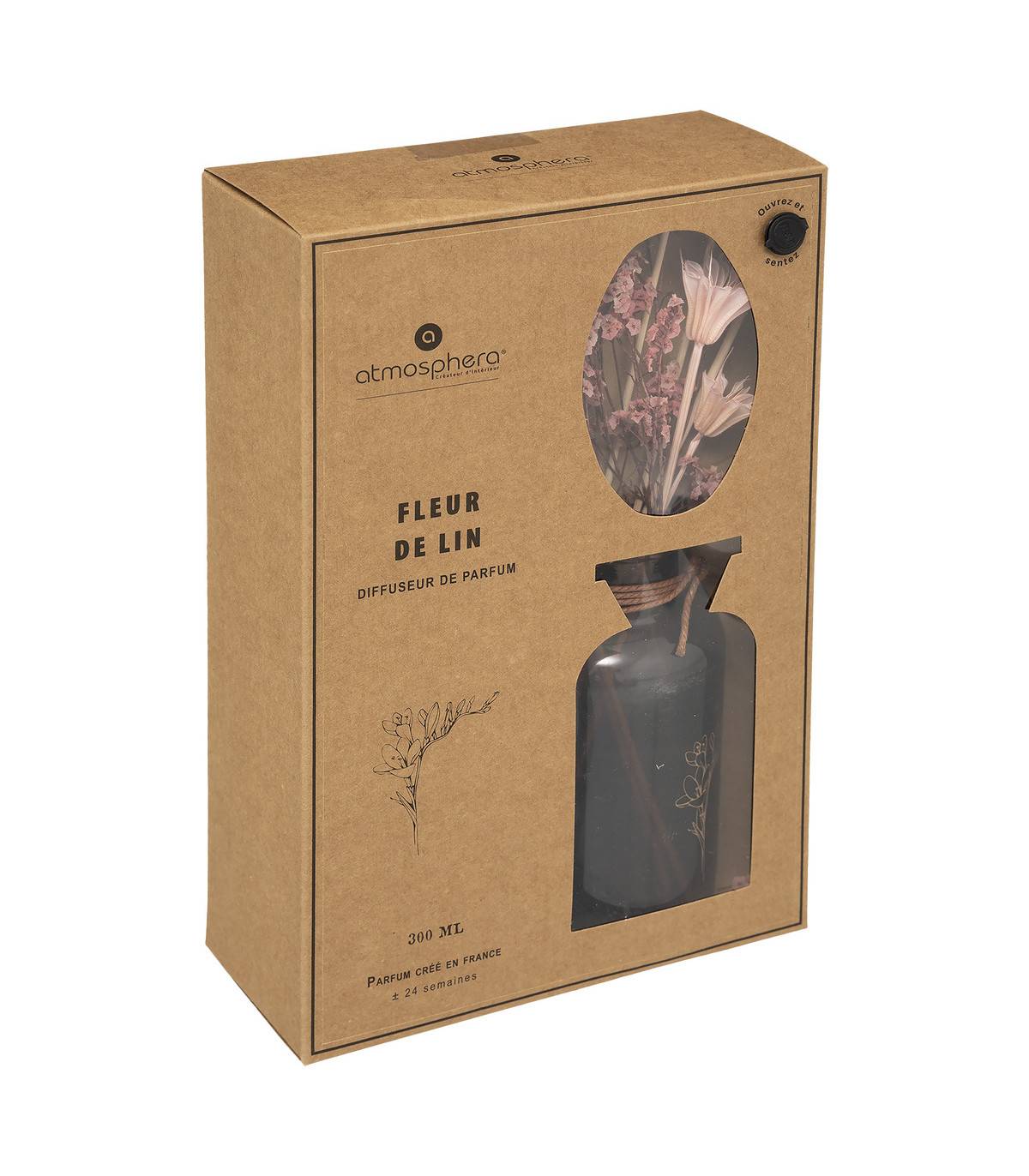 Diffuseur de parfum Fleur de lin 300 ml avec Bâtonnets et Fleurs séchées - Imagen 2