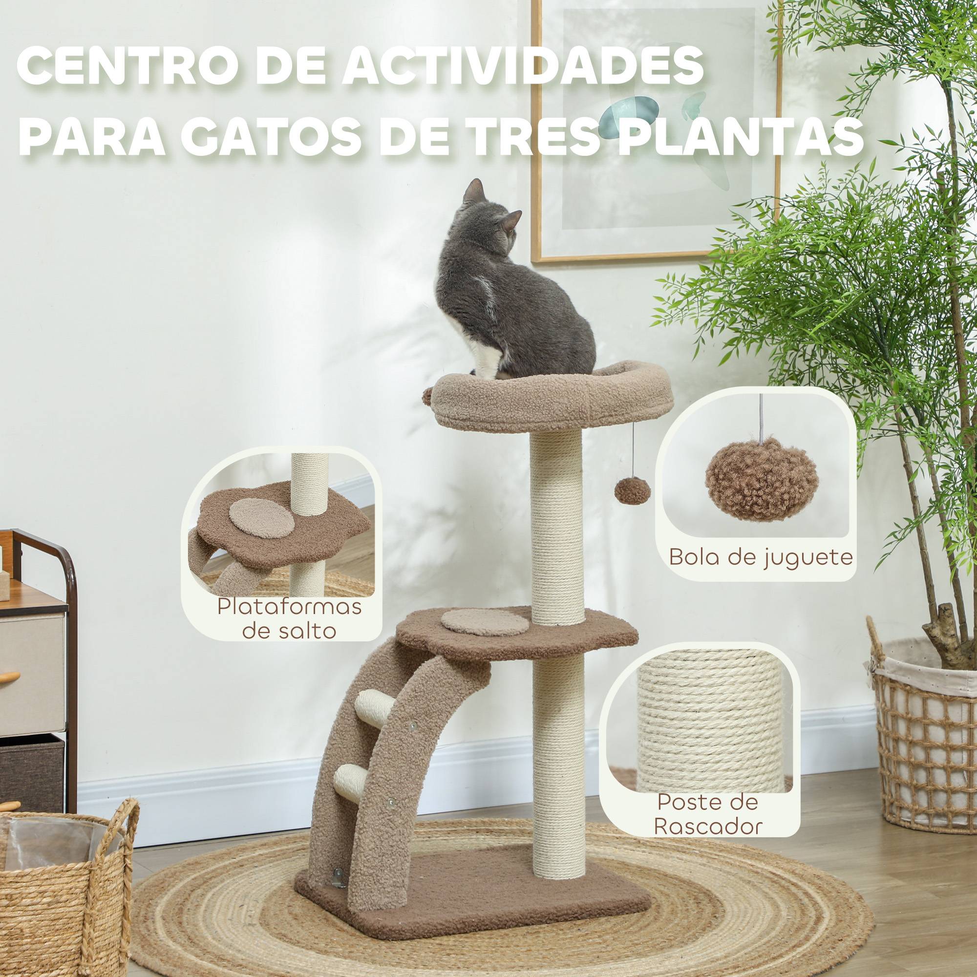 Tour pour Chat à 3 Niveaux avec Niche Échelle et Griffoirs en Sisal 88 cm Café - ComfortXL Outdoor Living - Image 6