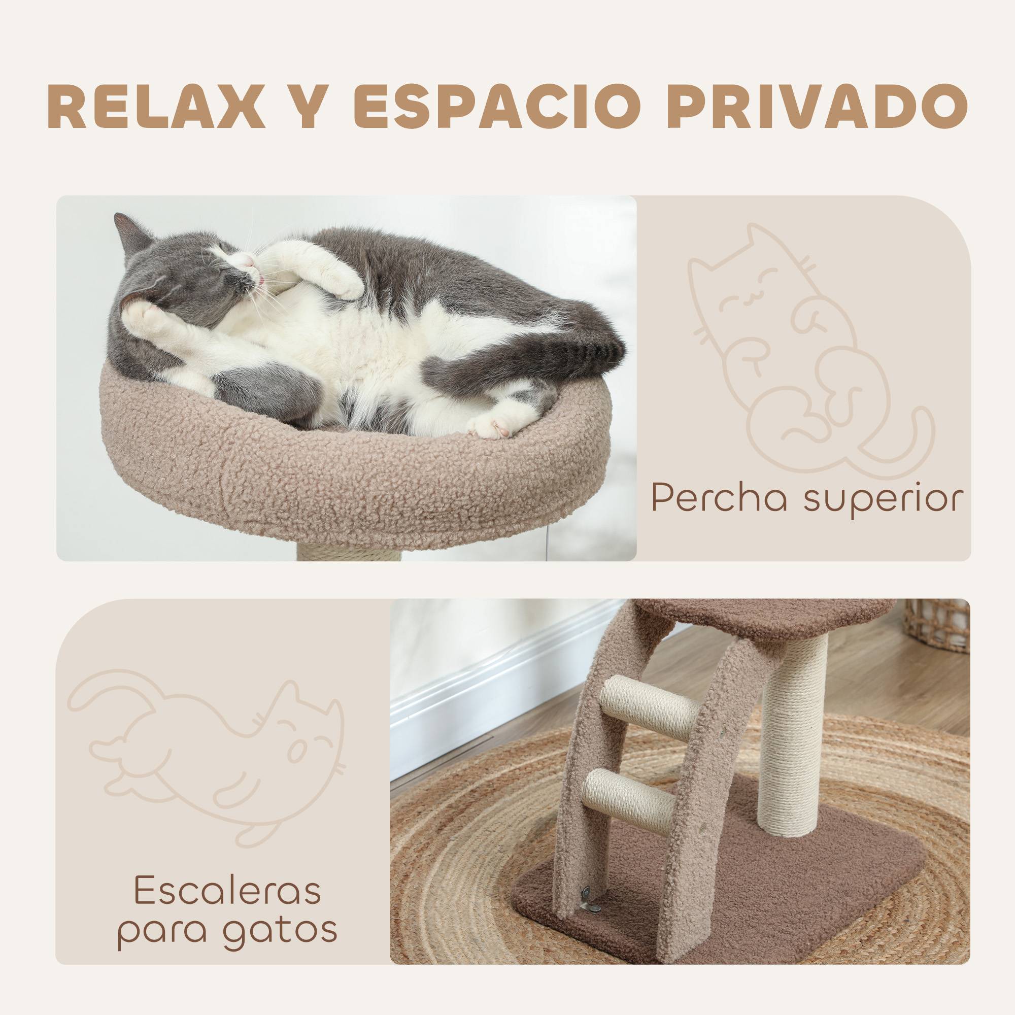 Tour pour Chat à 3 Niveaux avec Niche Échelle et Griffoirs en Sisal 88 cm Café - ComfortXL Outdoor Living - Image 7