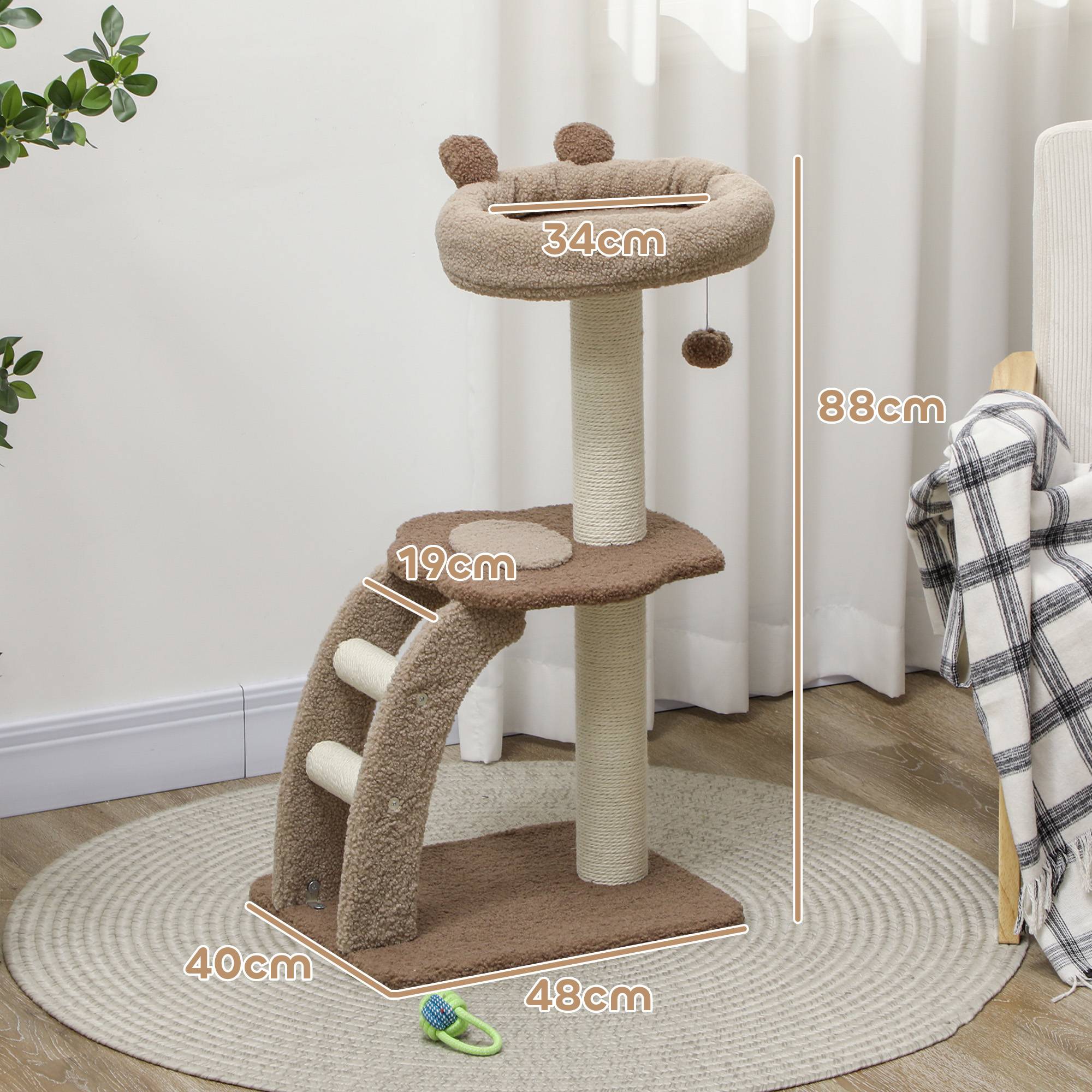 Tour pour Chat à 3 Niveaux avec Niche Échelle et Griffoirs en Sisal 88 cm Café - ComfortXL Outdoor Living - Image 5