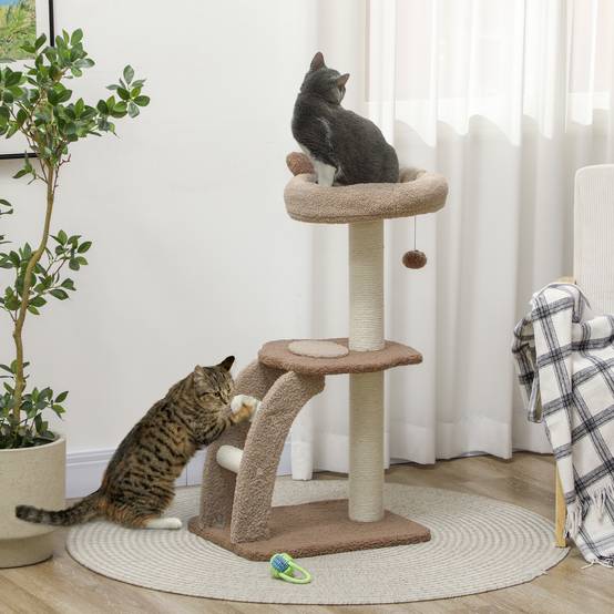 Tour pour Chat à 3 Niveaux avec Niche Échelle et Griffoirs en Sisal 88 cm Café - ComfortXL Outdoor Living - Image 4