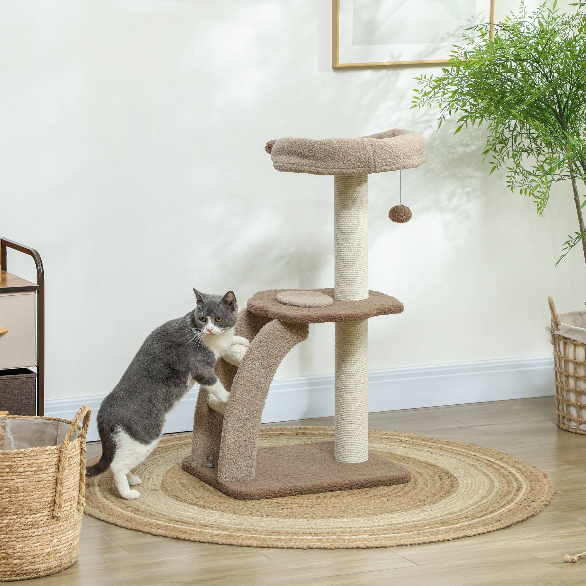 Tour pour Chat à 3 Niveaux avec Niche Échelle et Griffoirs en Sisal 88 cm Café - ComfortXL Outdoor Living - Image 3