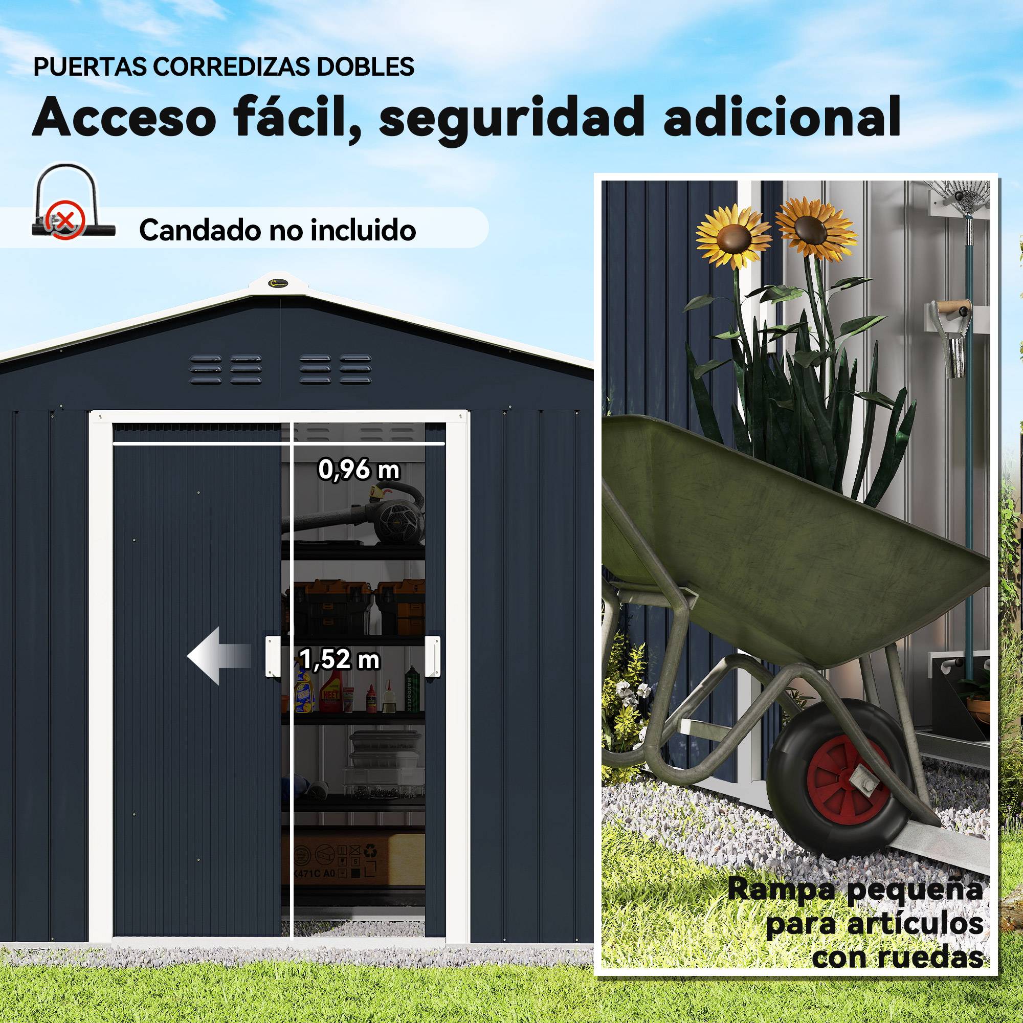 Abri de jardin 4,9 m² 277 x 195 x 192 cm avec 2 portes coulissantes, base renforcée (plancher non inclus), gris foncé - Image 8