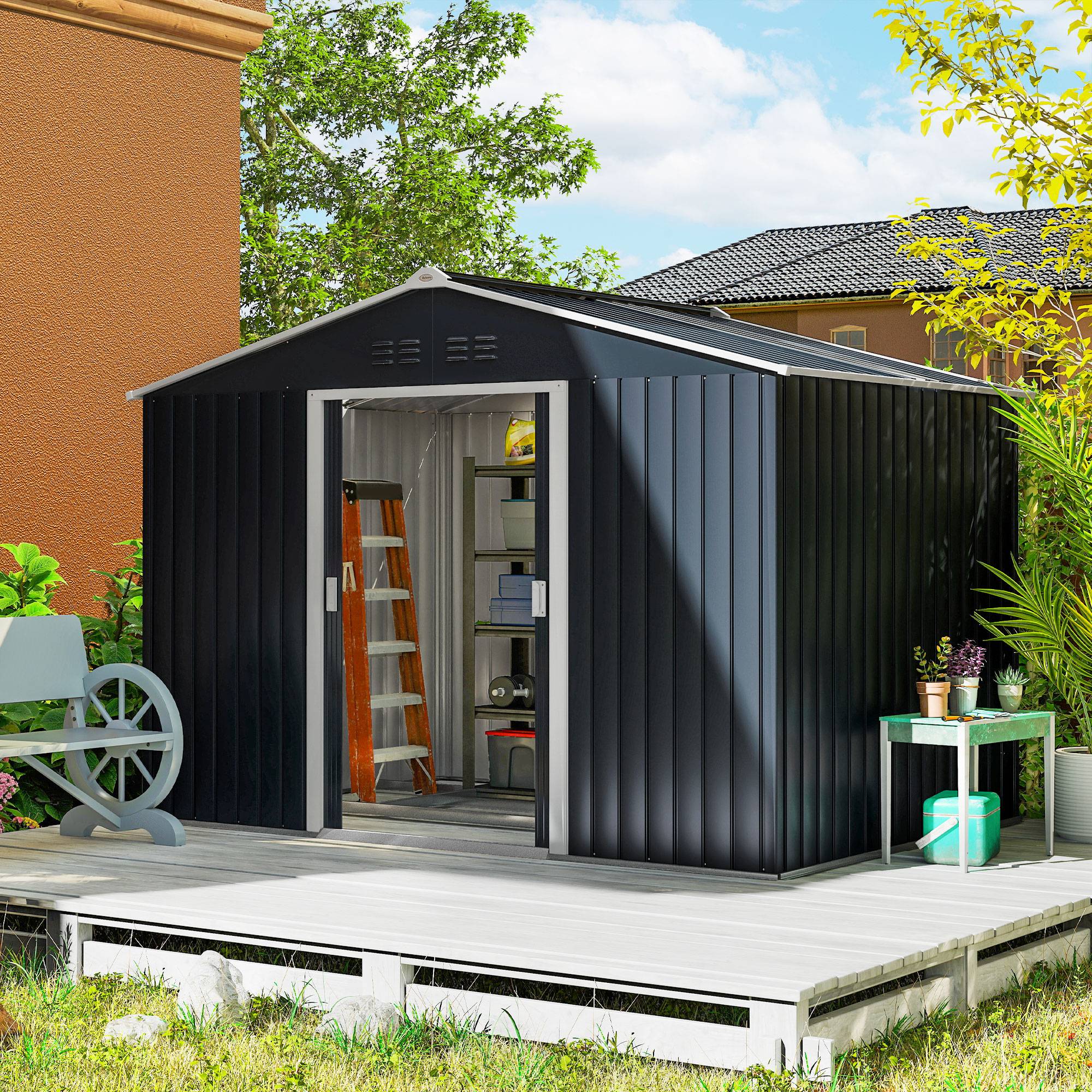 Abri de jardin 4,9 m² 277 x 195 x 192 cm avec 2 portes coulissantes, base renforcée (plancher non inclus), gris foncé - Image 3