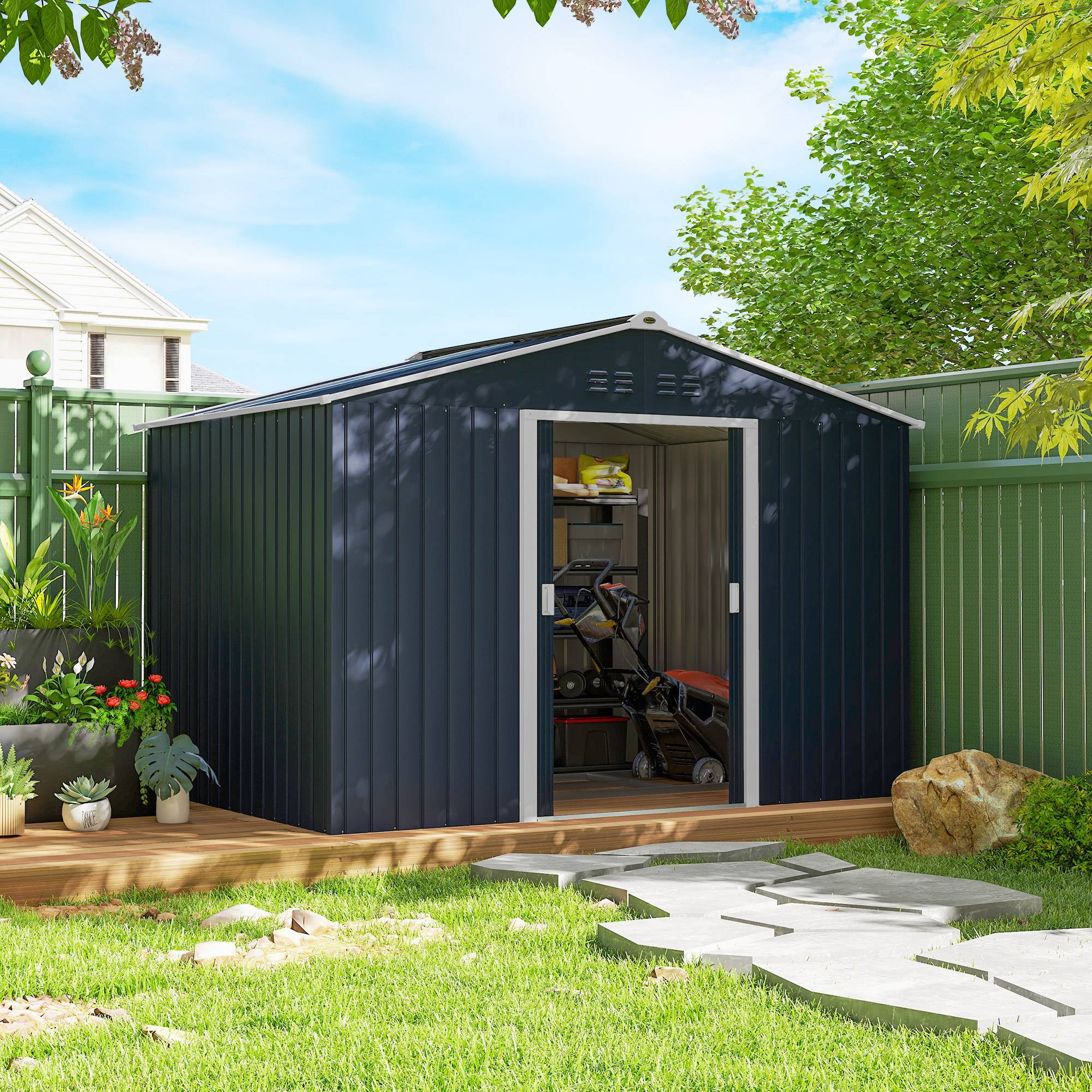 Abri de jardin 4,9 m² 277 x 195 x 192 cm avec 2 portes coulissantes, base renforcée (plancher non inclus), gris foncé - Image 4