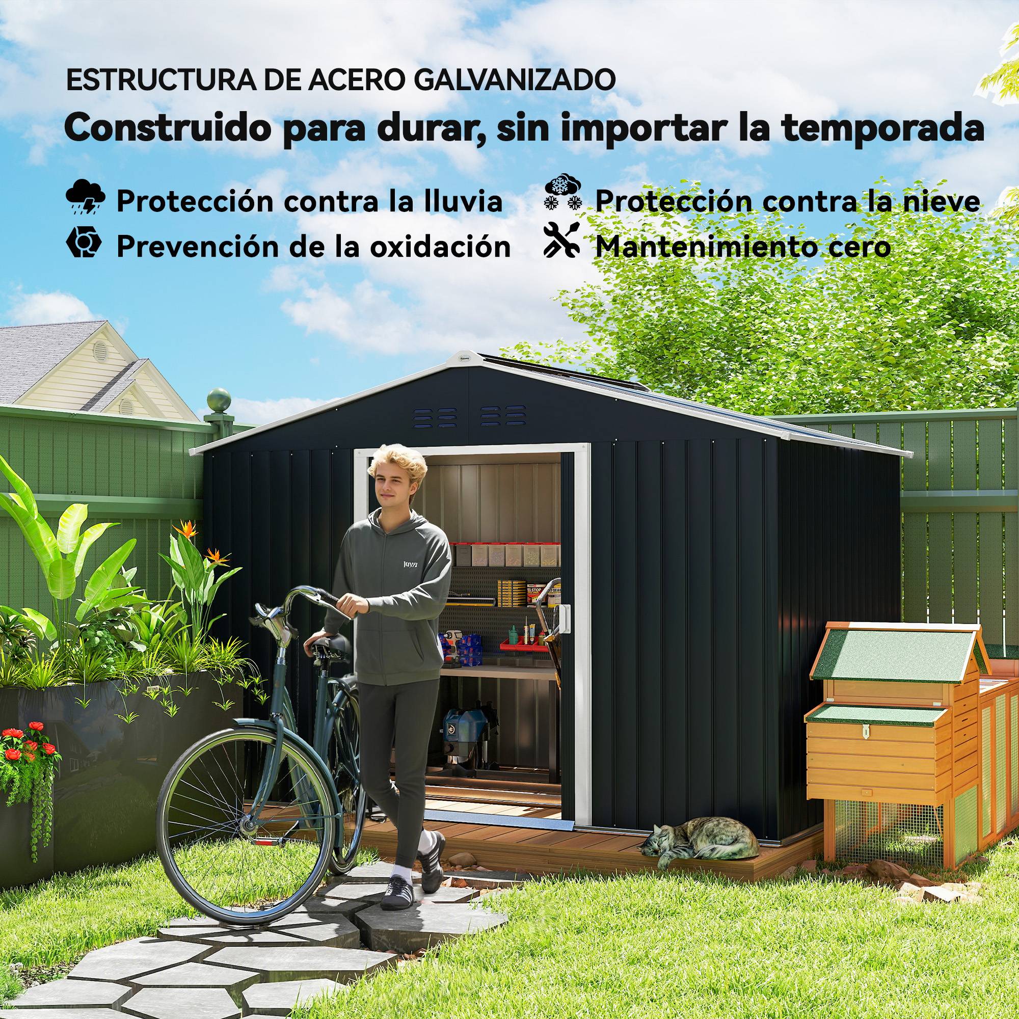 Abri de jardin 4,9 m² 277 x 195 x 192 cm avec 2 portes coulissantes, base renforcée (plancher non inclus), gris foncé - Image 7