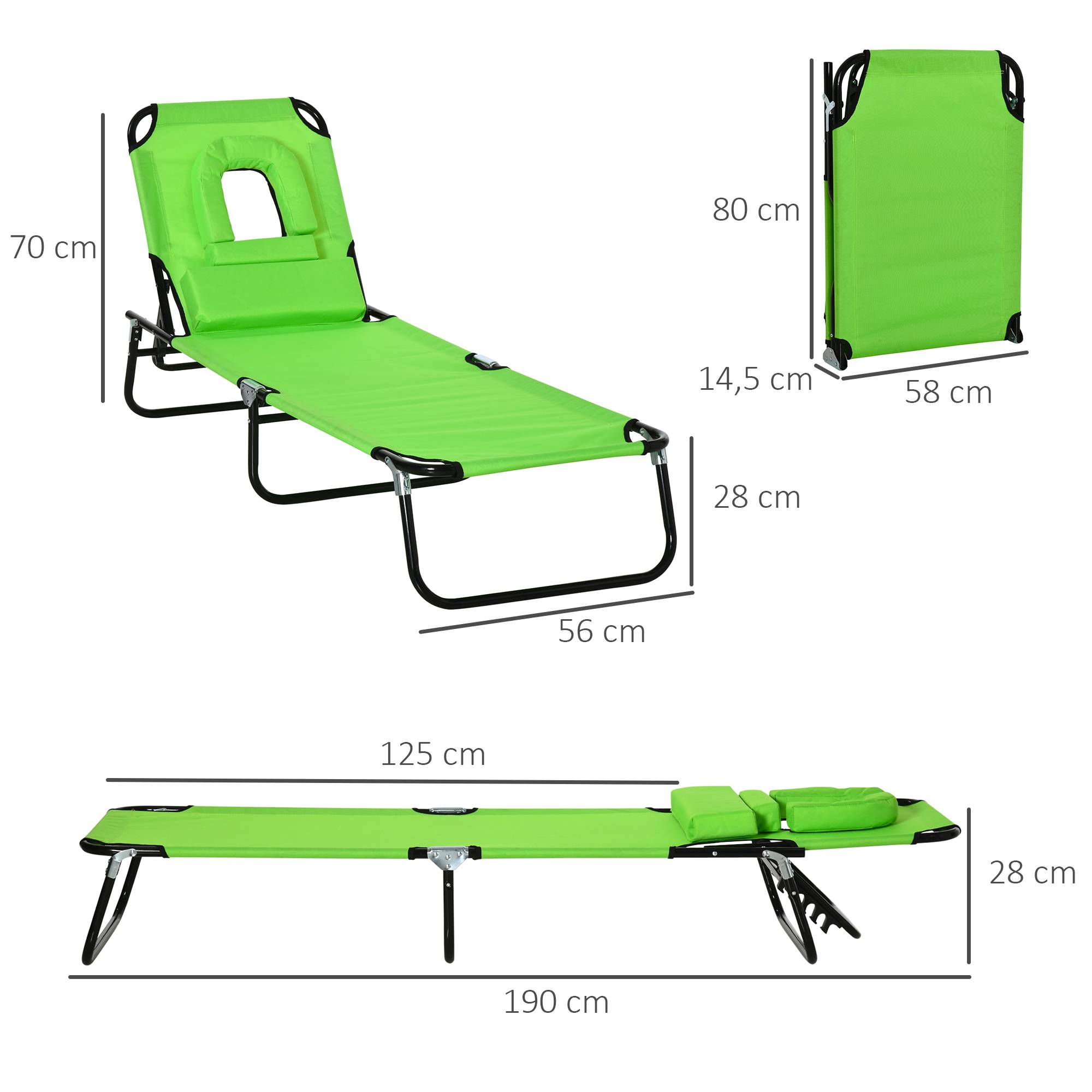Transat Pliant de Jardin Vert 190x56x28cm - Bain de Soleil réglable 4 Positions avec Oreiller pour Plage Camping Terrasse - Image 4