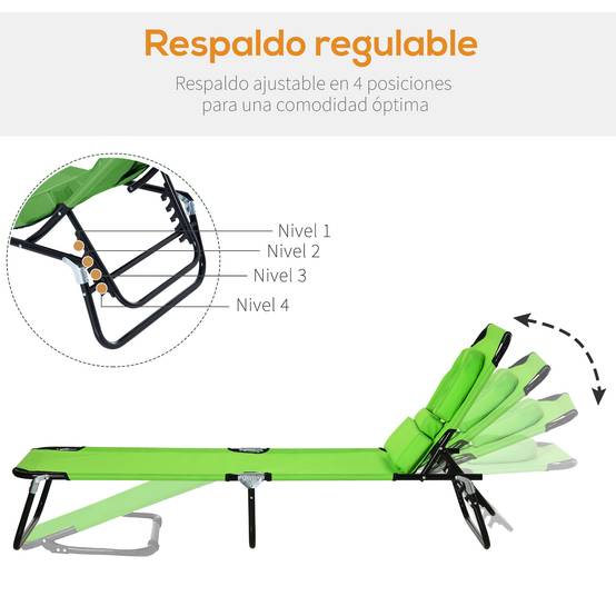 Transat Pliant de Jardin Vert 190x56x28cm - Bain de Soleil réglable 4 Positions avec Oreiller pour Plage Camping Terrasse - Image 5