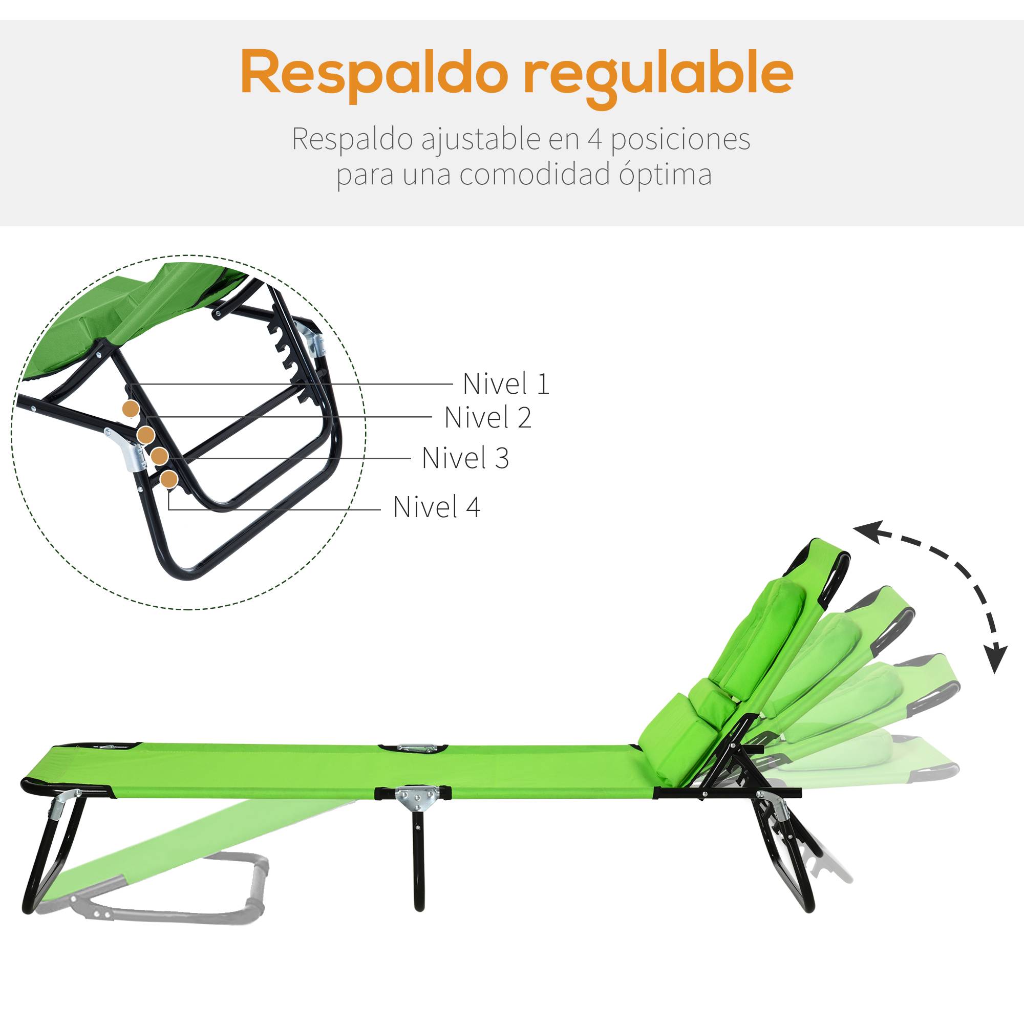 Transat Pliant de Jardin Vert 190x56x28cm - Bain de Soleil réglable 4 Positions avec Oreiller pour Plage Camping Terrasse - Image 5