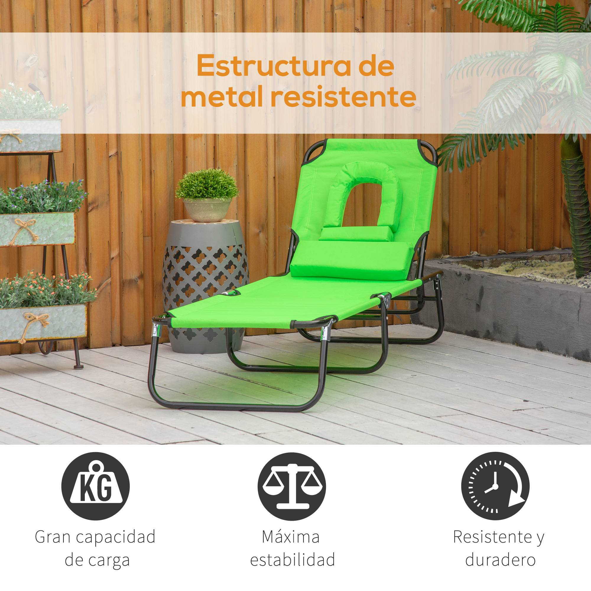 Transat Pliant de Jardin Vert 190x56x28cm - Bain de Soleil réglable 4 Positions avec Oreiller pour Plage Camping Terrasse - Image 8