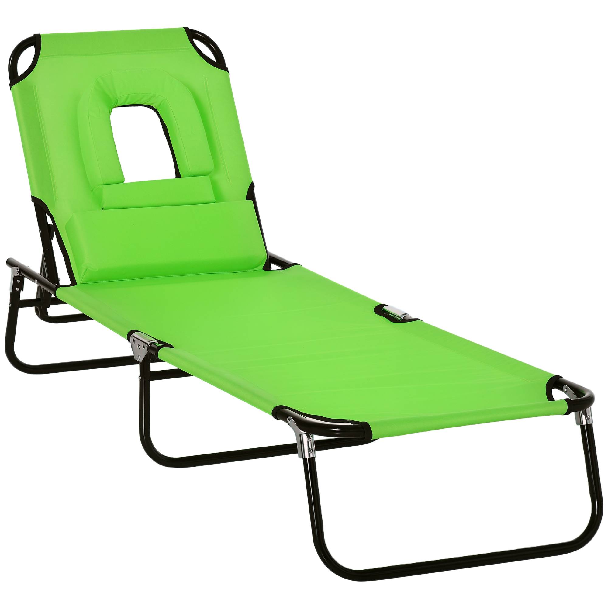 Transat Pliant de Jardin Vert 190x56x28cm - Bain de Soleil réglable 4 Positions avec Oreiller pour Plage Camping Terrasse - Image 1