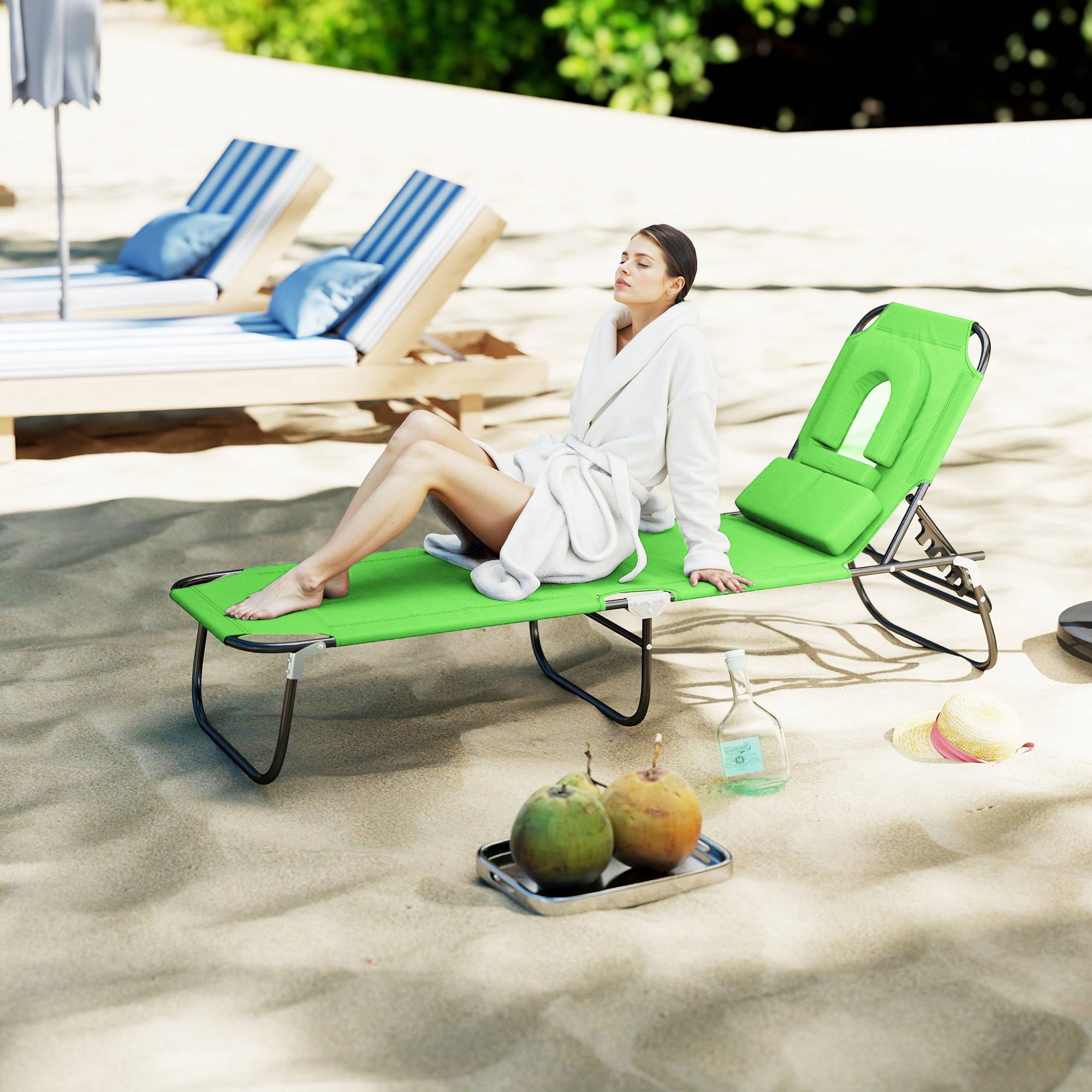 Transat Pliant de Jardin Vert 190x56x28cm - Bain de Soleil réglable 4 Positions avec Oreiller pour Plage Camping Terrasse - Image 3