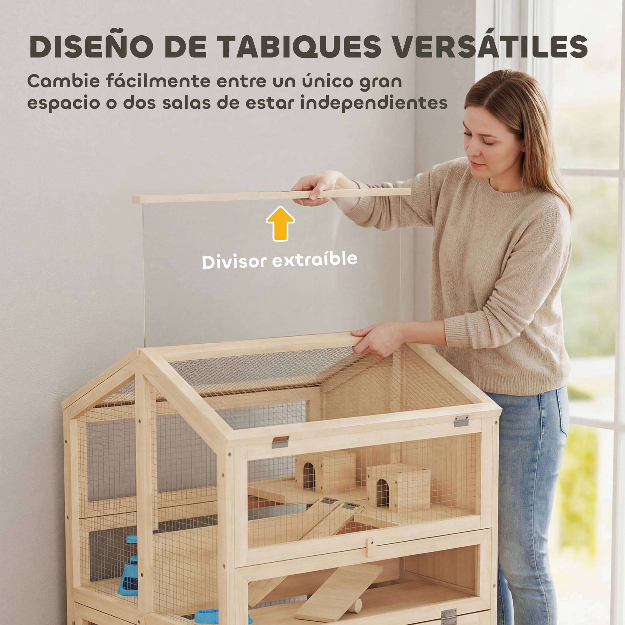Cage en bois à 3 niveaux pour hamster, avec biberons, maisons, jouets à bascule, plateau amovible et couvercles à charnières - Naturel - Image 8