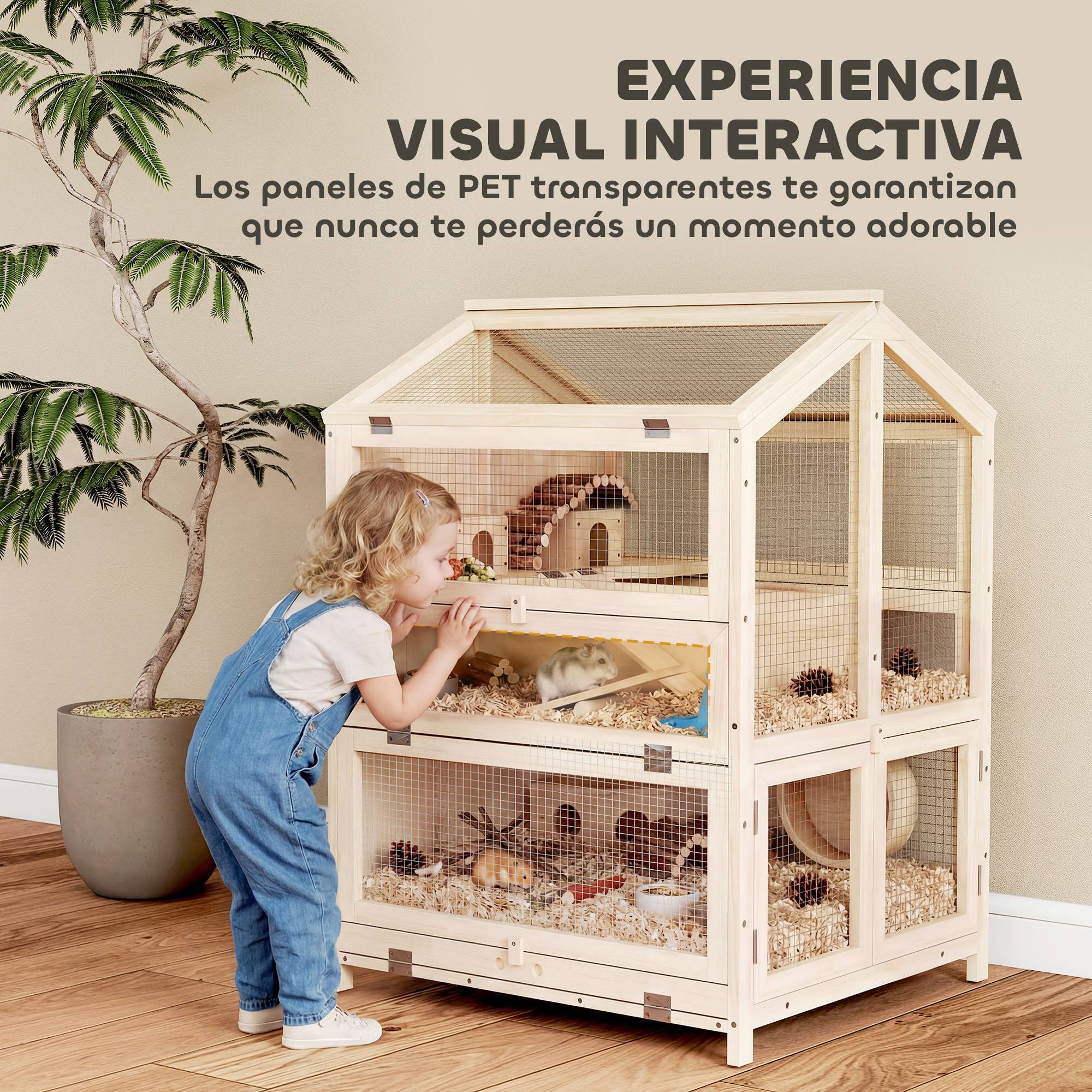Cage en bois à 3 niveaux pour hamster, avec biberons, maisons, jouets à bascule, plateau amovible et couvercles à charnières - Naturel - Image 10