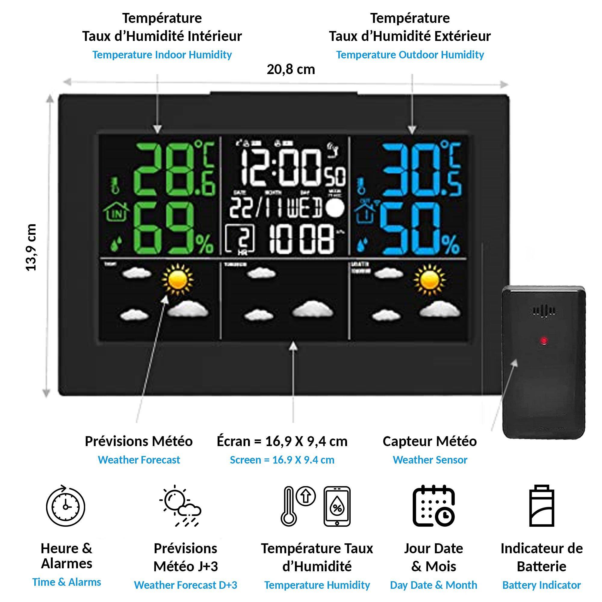 Station météo écran LCD couleur - capteur extérieur - alarme snooze - Image 3