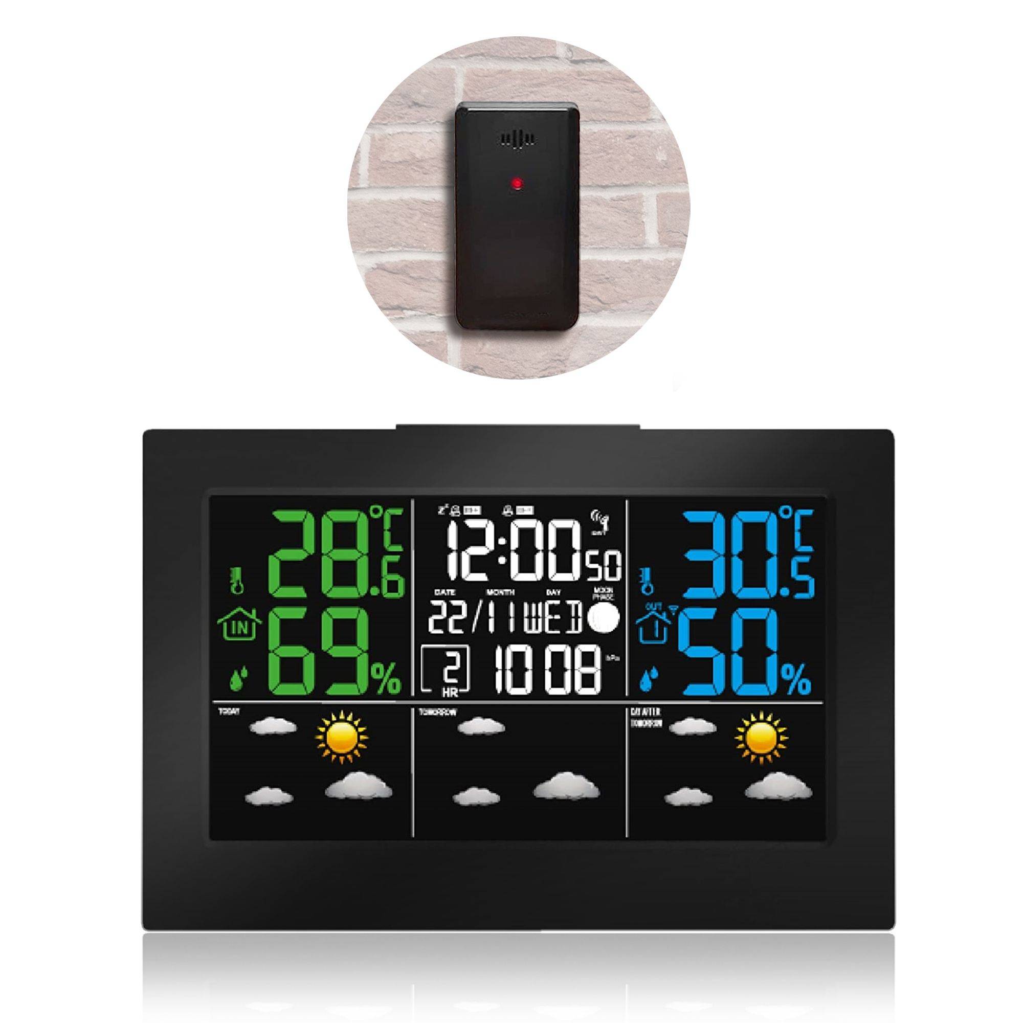 Station météo écran LCD couleur - capteur extérieur - alarme snooze - Image 1