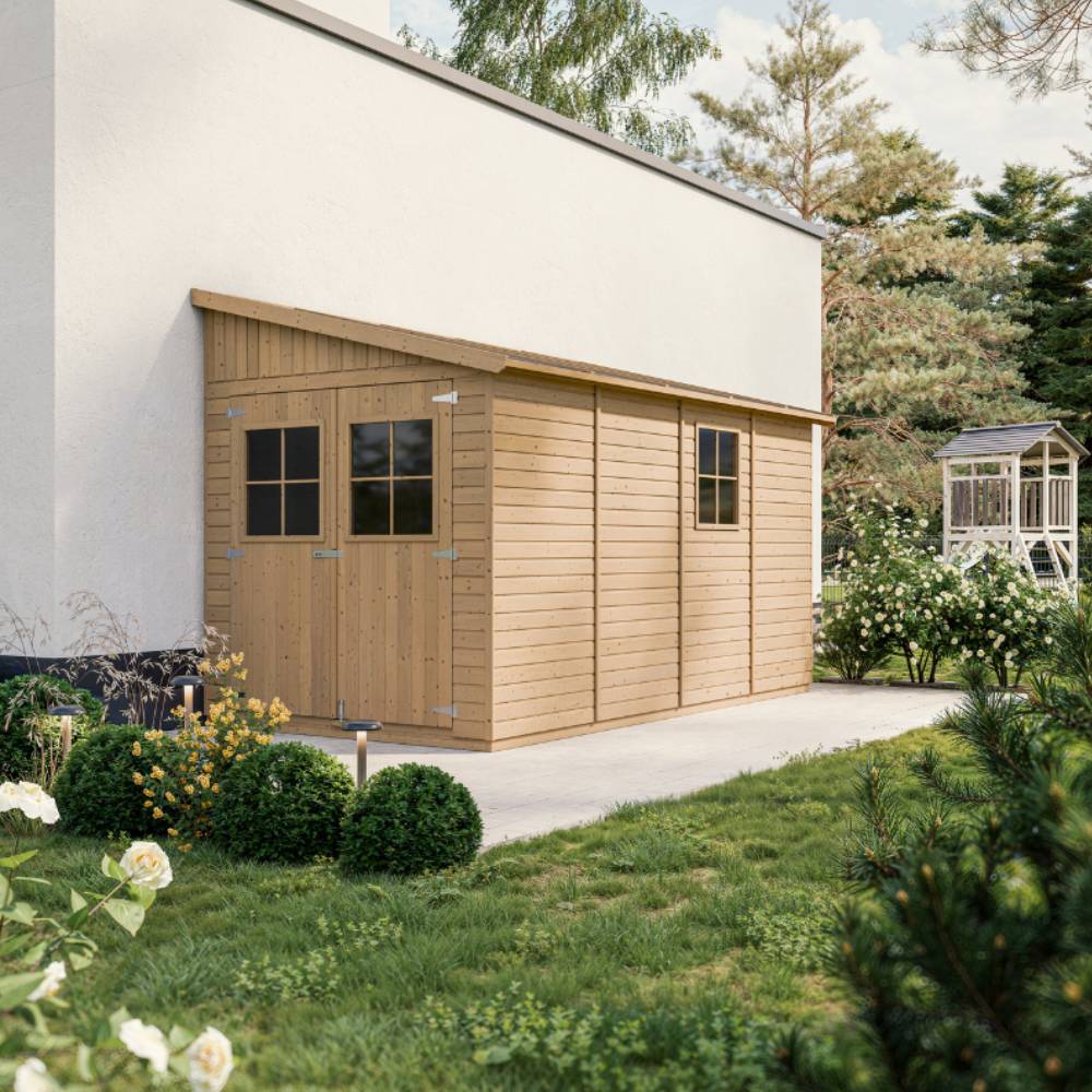 Timbela - Abri de Jardin en Bois Naturel H244x218x416 cm / 8 m² avec paroi latérale et fenêtres - 17 mm d’épaisseur - Timbela M340A - Imagen 1