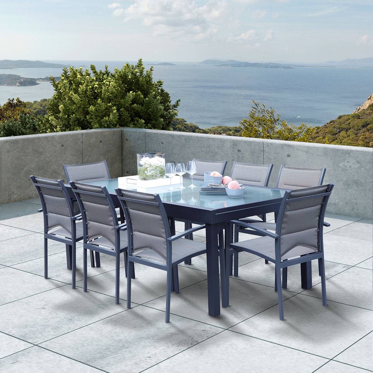 Wilsa Garden - Table Modulo 8/12 personnes structure grise en aluminium, plateau en verre semi-transparent - Imagen 2