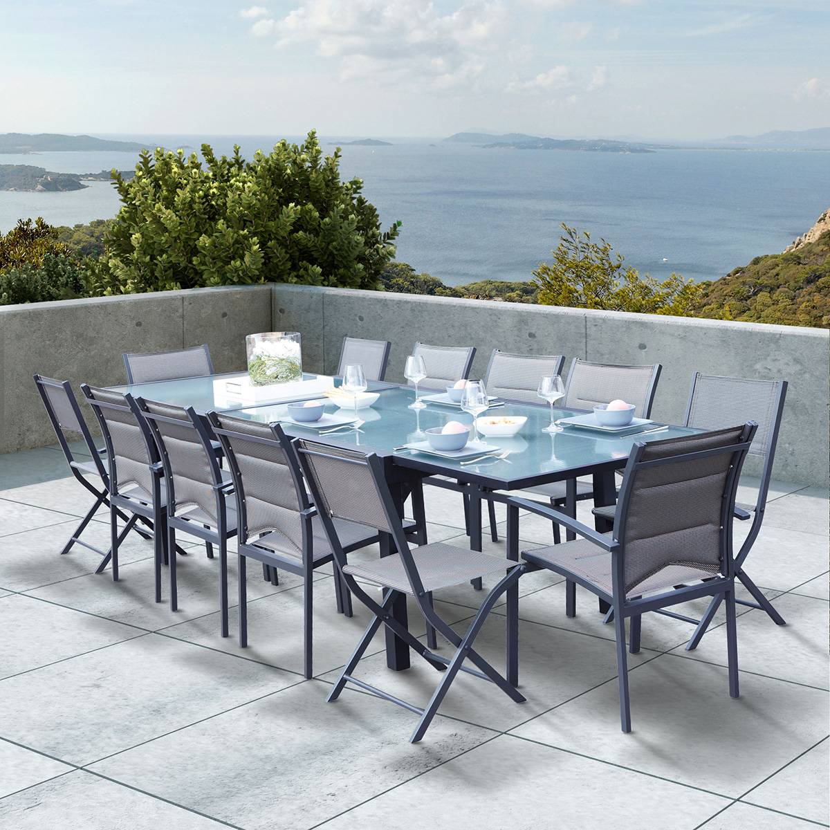 Wilsa Garden - Table Modulo 8/12 personnes structure grise en aluminium, plateau en verre semi-transparent - Imagen 3
