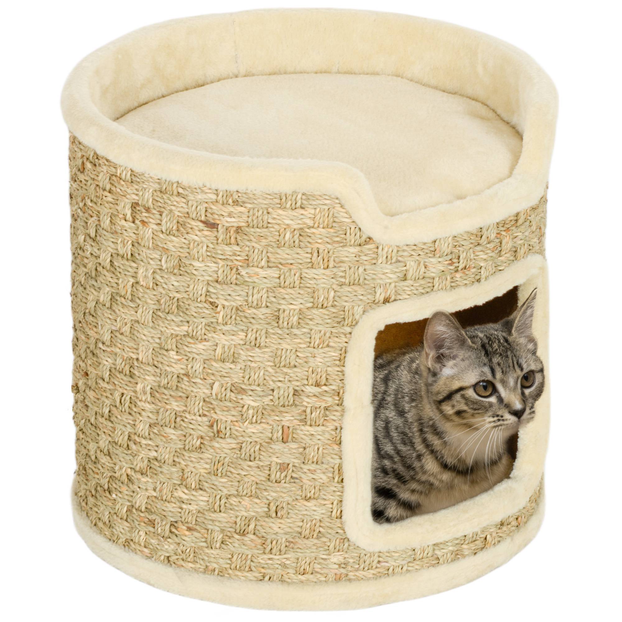 ComfortXL - Tonneau griffoir pour chat en panneaux de particules Ø 38 x 37 cm kaki et beige avec niche et corde en herbe de mer - Image 2