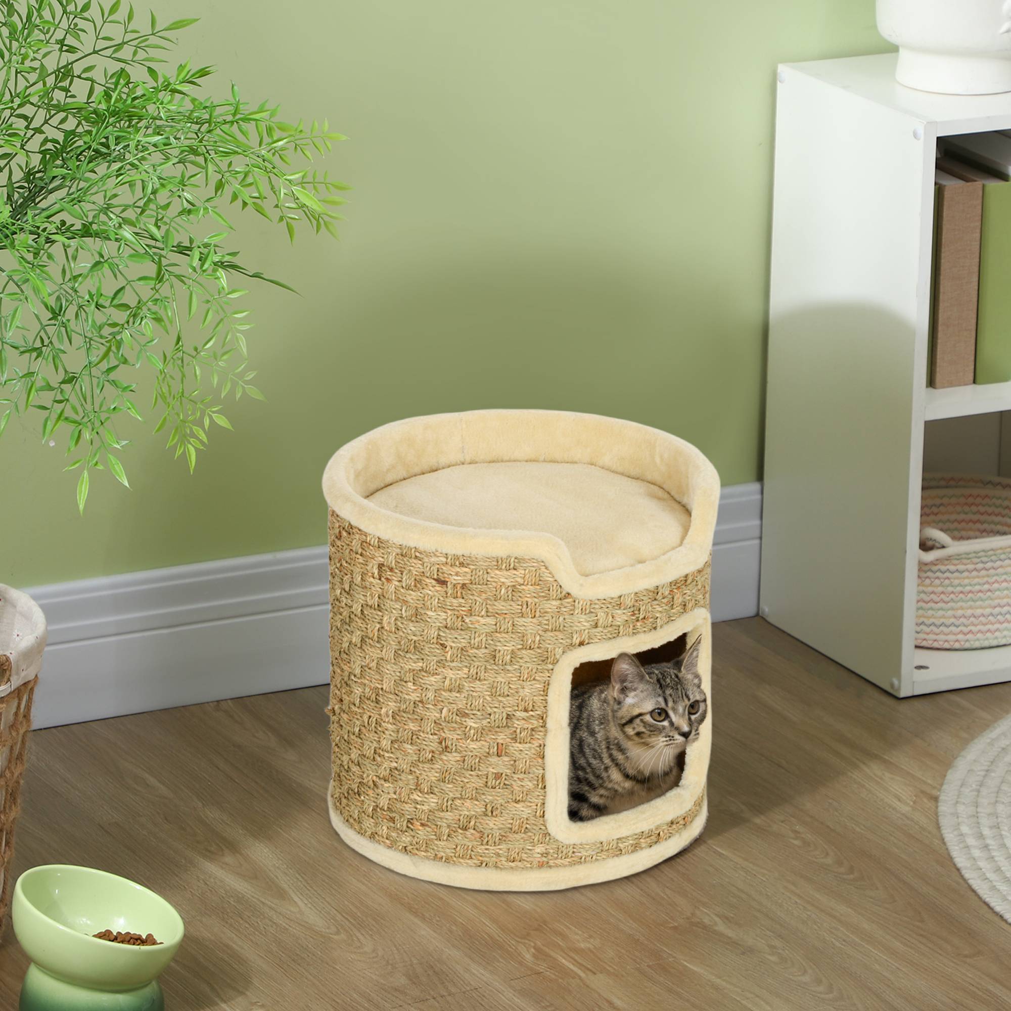 ComfortXL - Tonneau griffoir pour chat en panneaux de particules Ø 38 x 37 cm kaki et beige avec niche et corde en herbe de mer - Image 1
