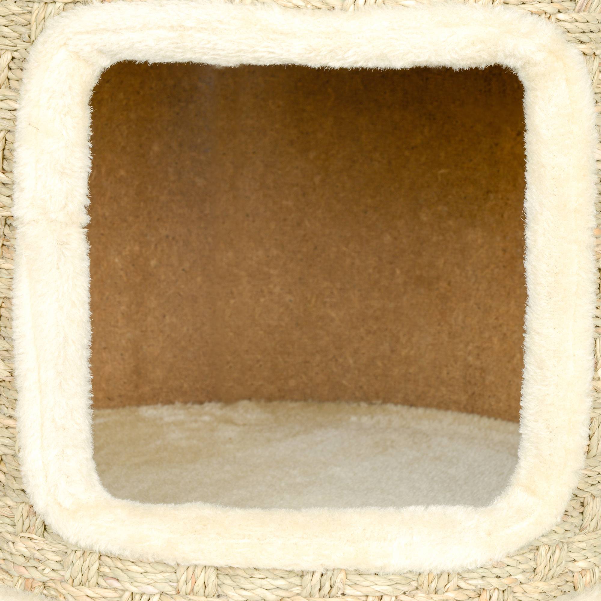 ComfortXL - Tonneau griffoir pour chat en panneaux de particules Ø 38 x 37 cm kaki et beige avec niche et corde en herbe de mer - Image 7