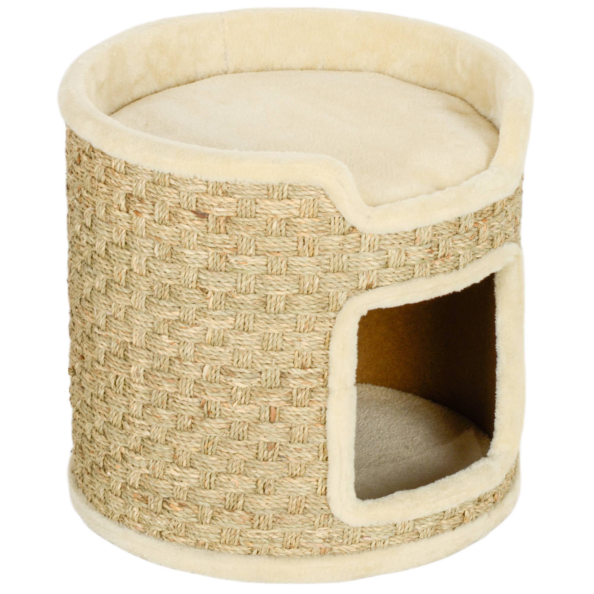 ComfortXL - Tonneau griffoir pour chat en panneaux de particules Ø 38 x 37 cm kaki et beige avec niche et corde en herbe de mer - Image 9