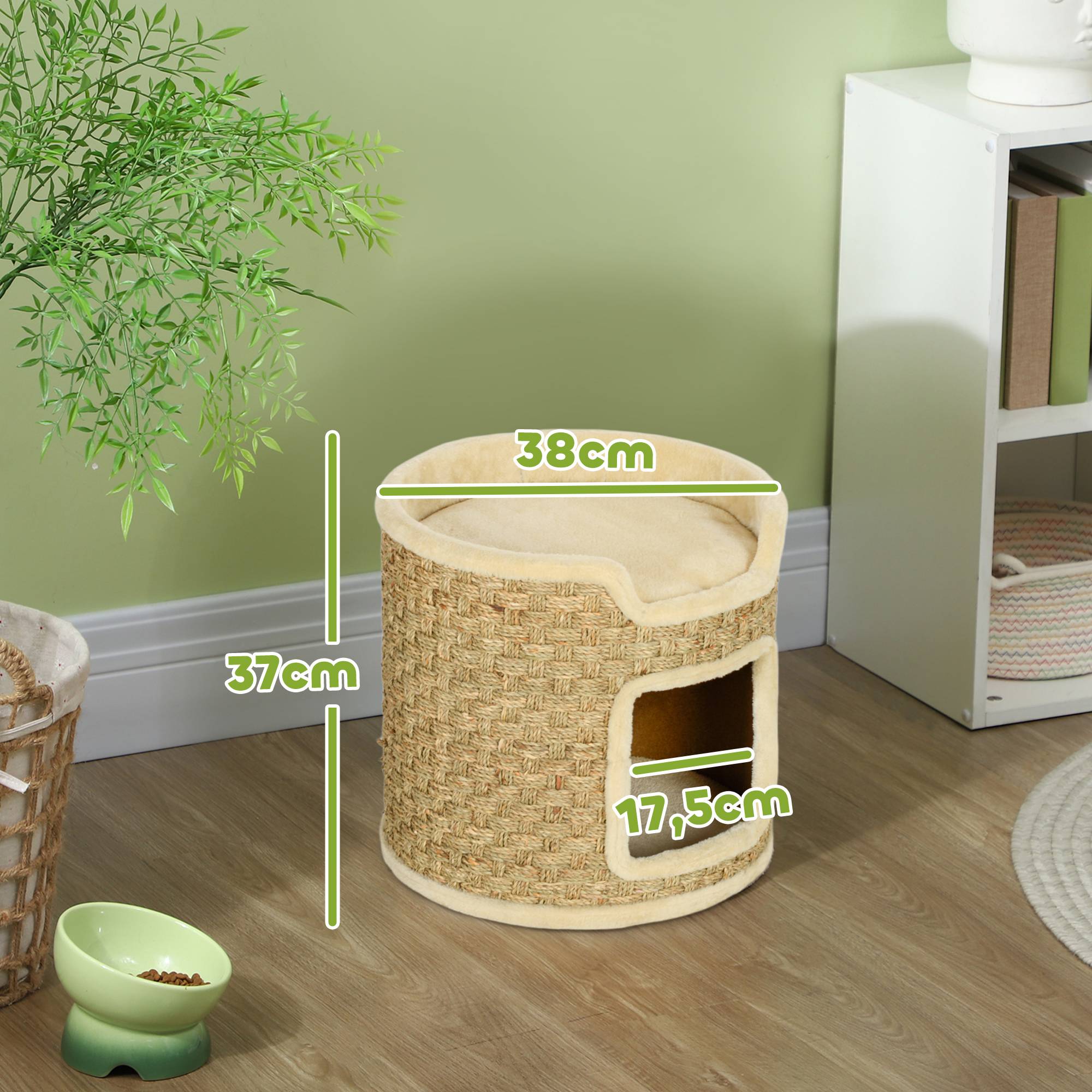 ComfortXL - Tonneau griffoir pour chat en panneaux de particules Ø 38 x 37 cm kaki et beige avec niche et corde en herbe de mer - Image 3