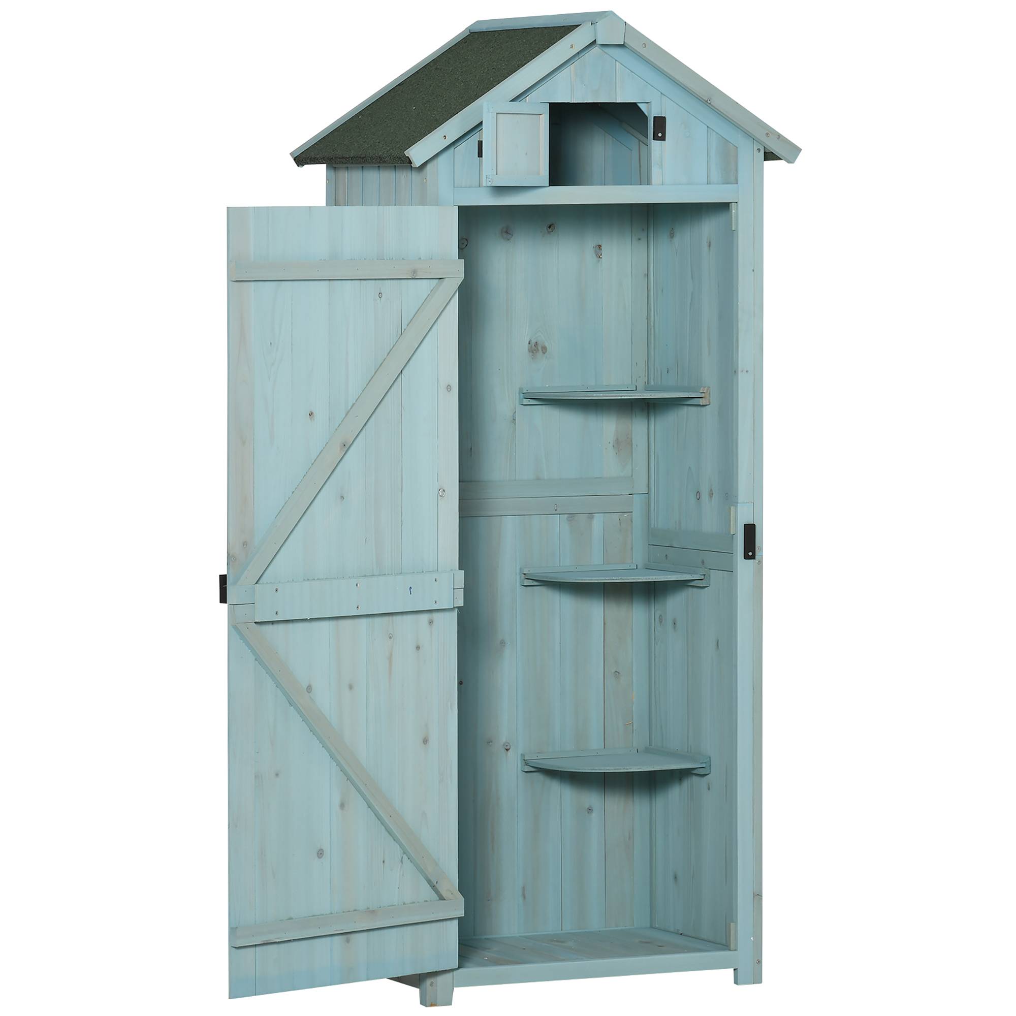 Armoire bois résistante, 77x54,2x179 cm, toit à deux pans, étagères, bleu clair+vert - Image 2