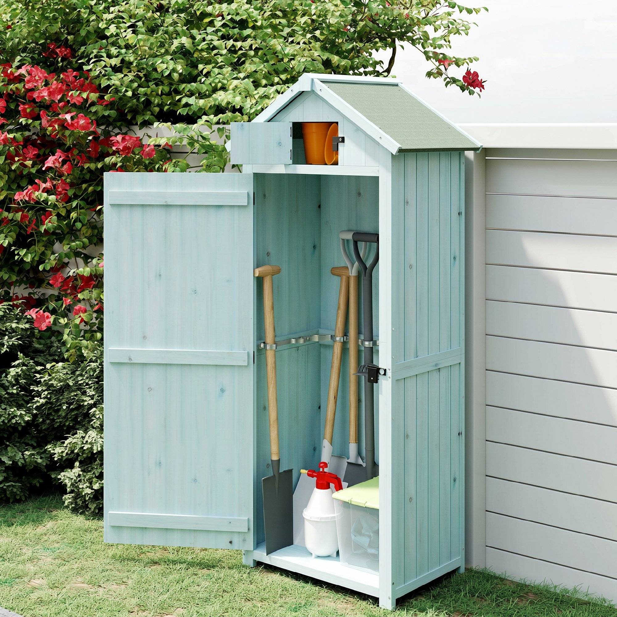 Armoire bois résistante, 77x54,2x179 cm, toit à deux pans, étagères, bleu clair+vert - Image 10