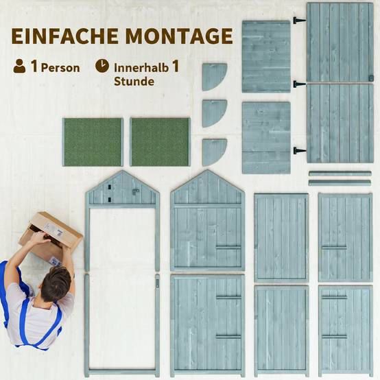Armoire bois résistante, 77x54,2x179 cm, toit à deux pans, étagères, bleu clair+vert - Image 9