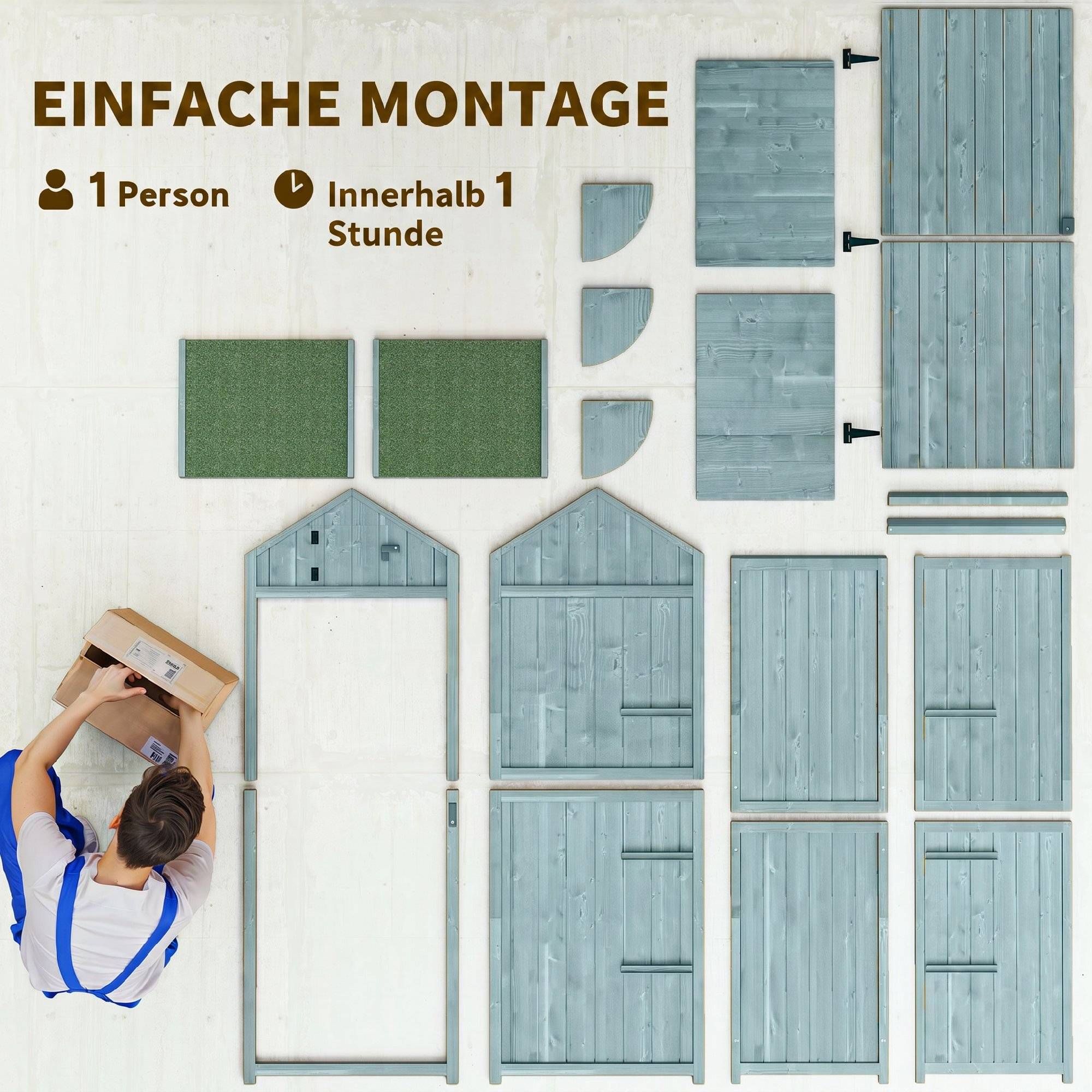 Armoire bois résistante, 77x54,2x179 cm, toit à deux pans, étagères, bleu clair+vert - Image 9