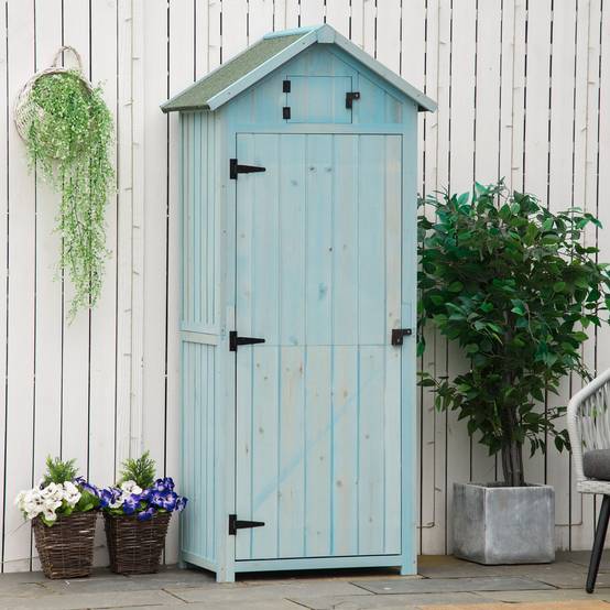 Armoire bois résistante, 77x54,2x179 cm, toit à deux pans, étagères, bleu clair+vert - Image 3
