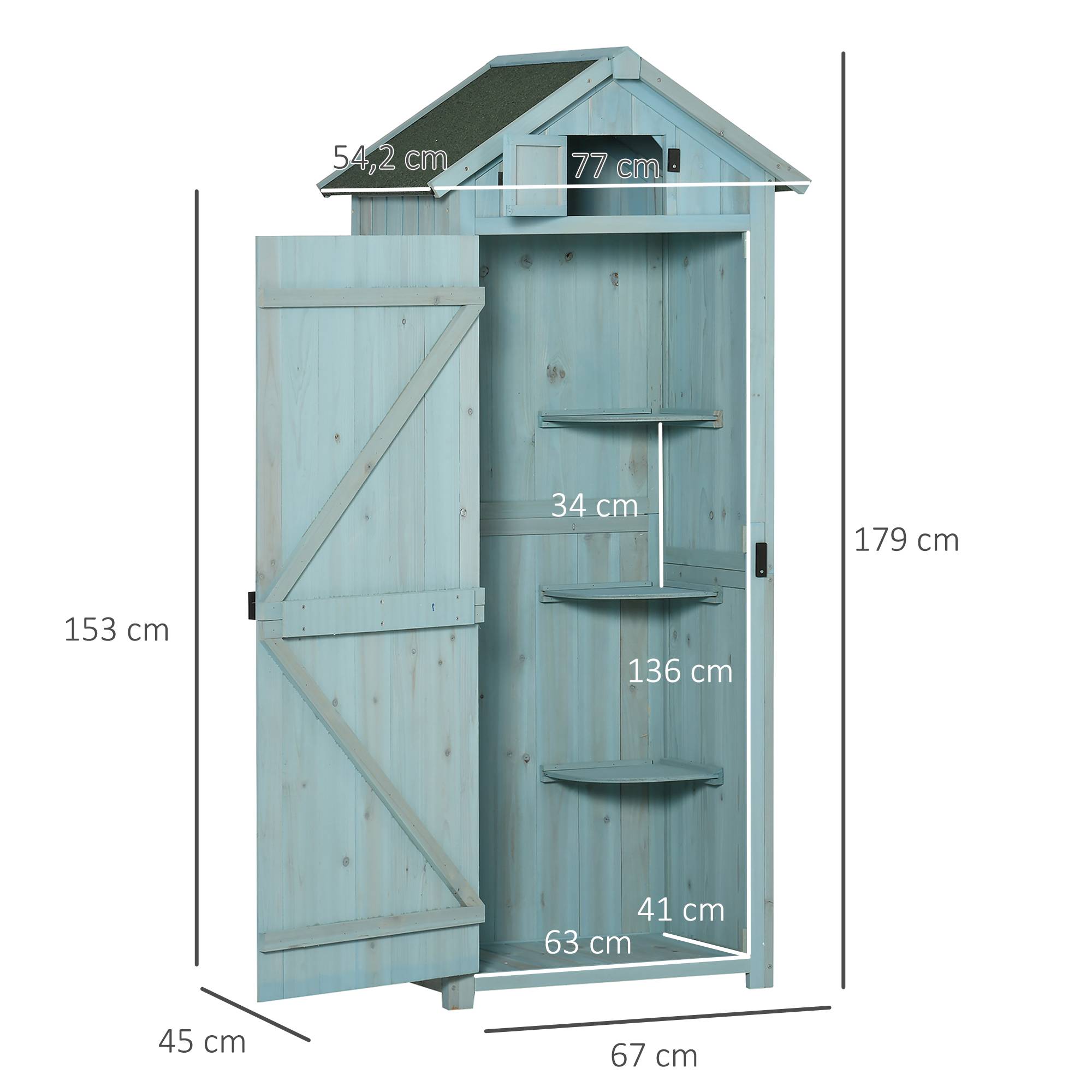 Armoire bois résistante, 77x54,2x179 cm, toit à deux pans, étagères, bleu clair+vert - Image 5