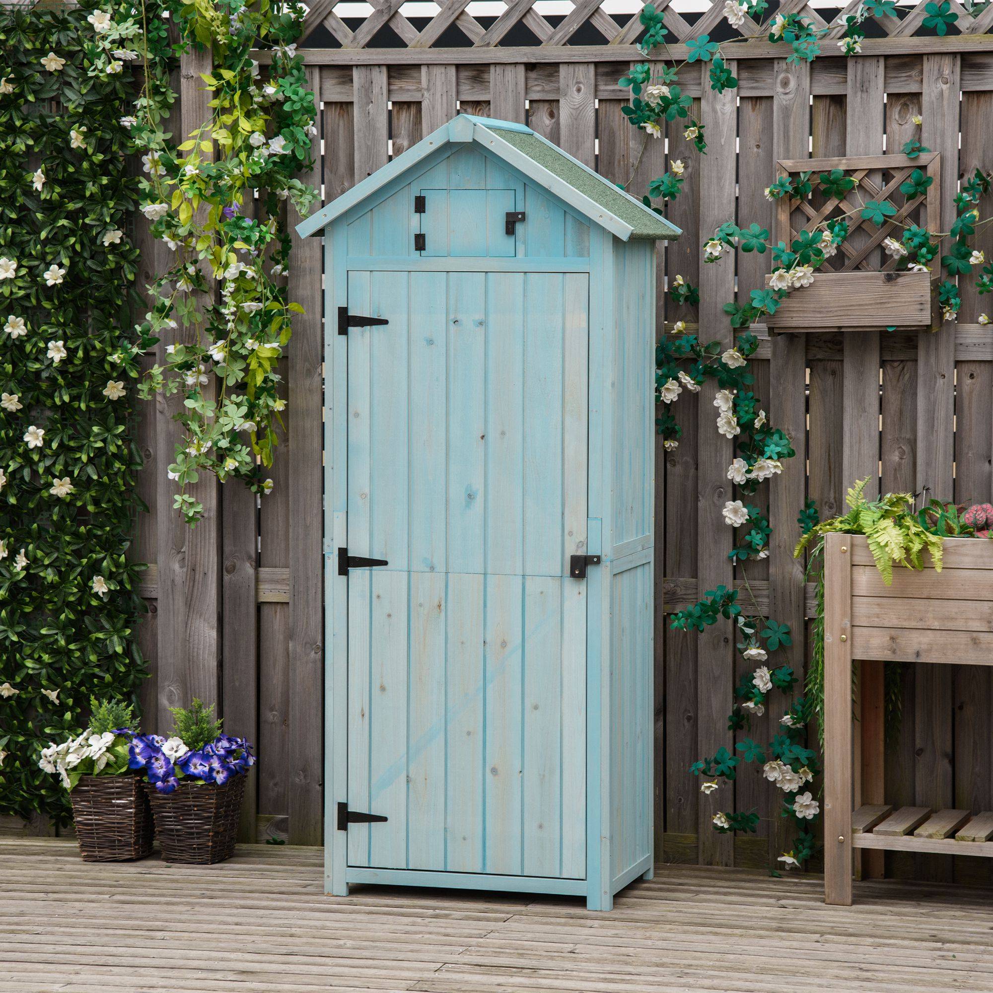 Armoire bois résistante, 77x54,2x179 cm, toit à deux pans, étagères, bleu clair+vert - Image 4