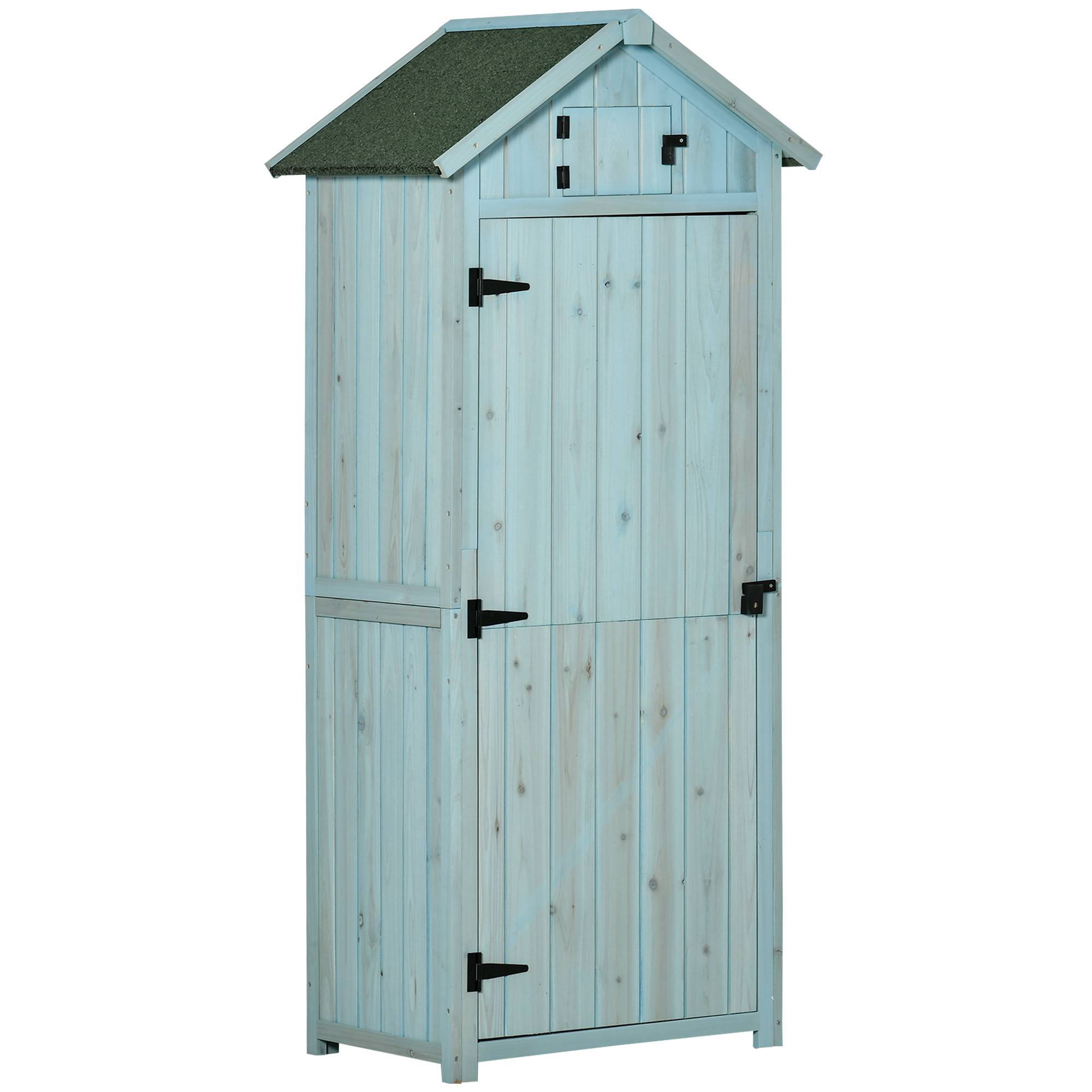 Armoire bois résistante, 77x54,2x179 cm, toit à deux pans, étagères, bleu clair+vert - Image 1