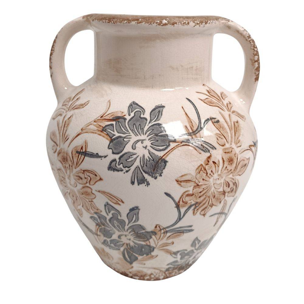Chemin De Campagne - Vase Amphore "Fleurs bleues et marron" en céramique émaillée Ø.19 x Ht.23 cm Chemin de campagne - Image 1