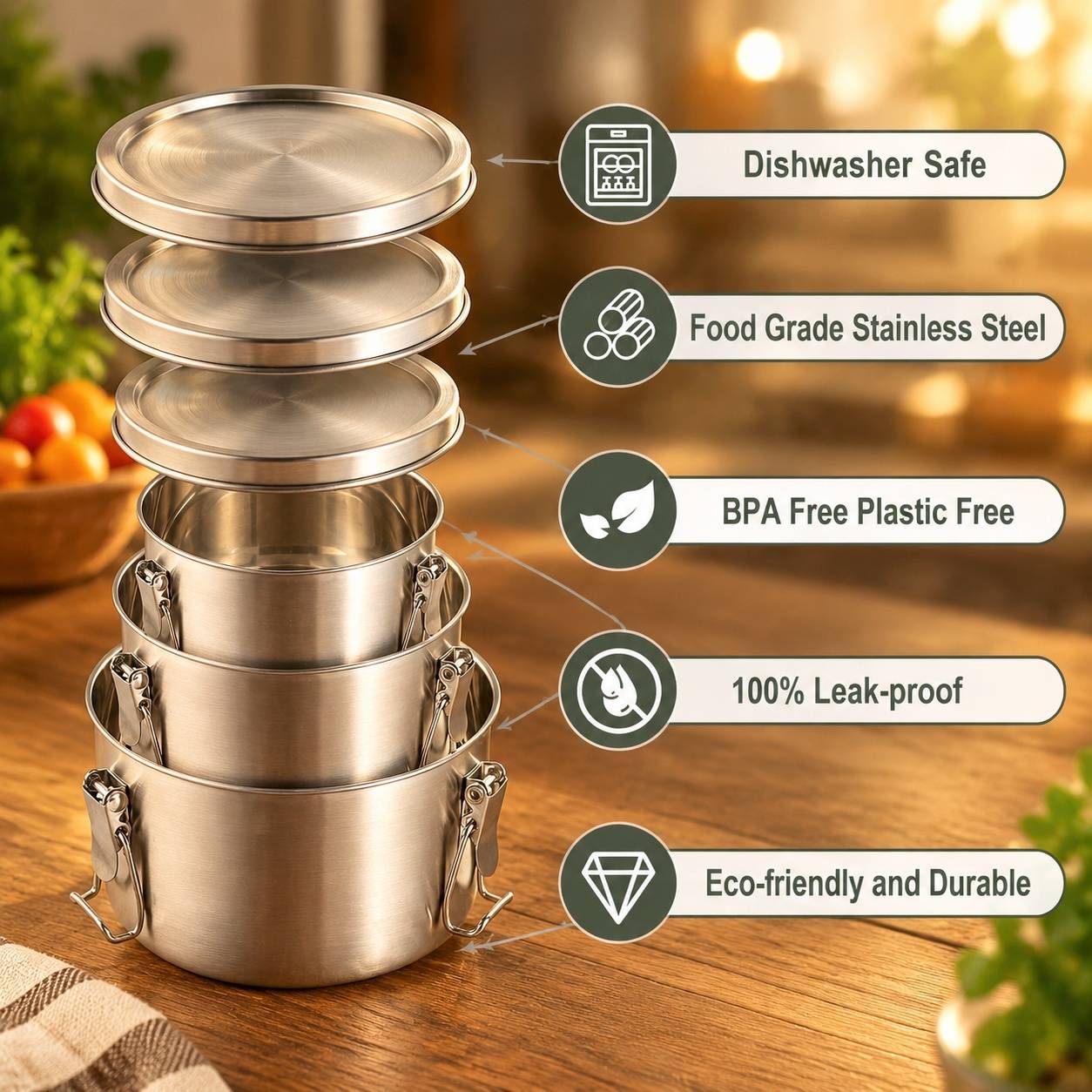 Boîtes Repas Acier Inoxydable Hermétiques Réutilisables Avec Couvercles pour Bento - Image 4