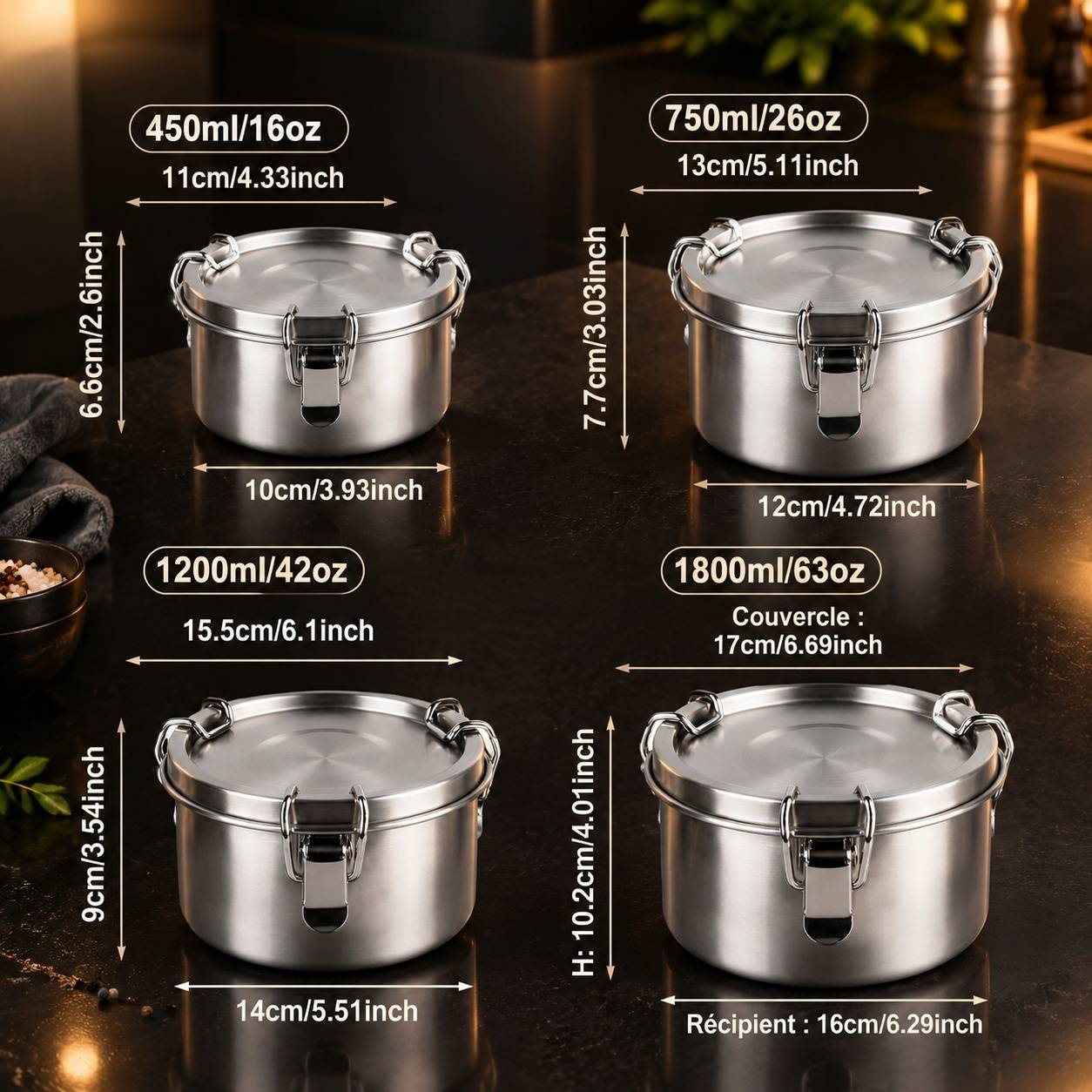 Boîtes Repas Acier Inoxydable Hermétiques Réutilisables Avec Couvercles pour Bento - Image 2