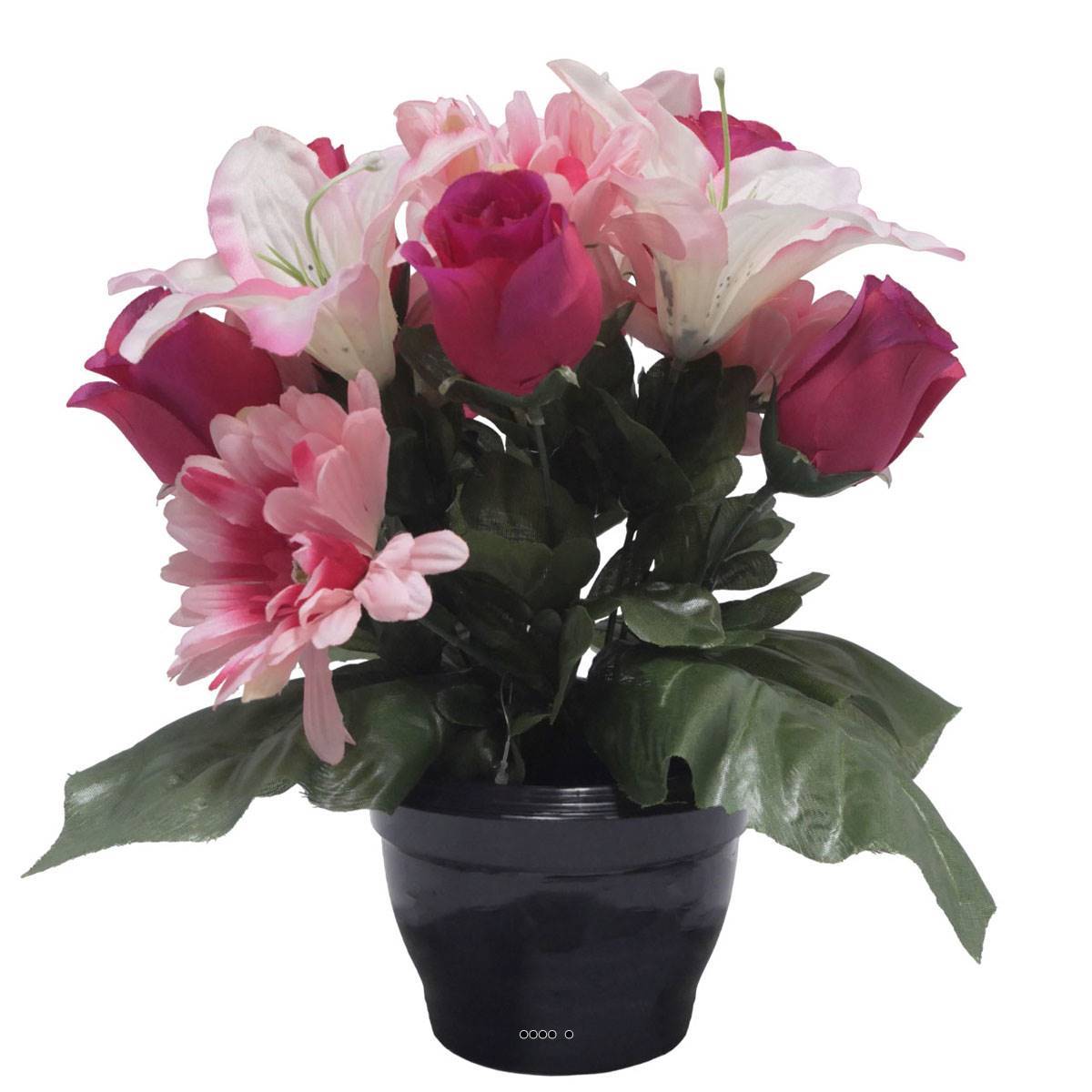 Artificielles - Pot pour Tombe de Bouton de Rose, Gerbera et Lys tigré Rose artificiels - Toussaint - couleur: Rose - Imagen 2