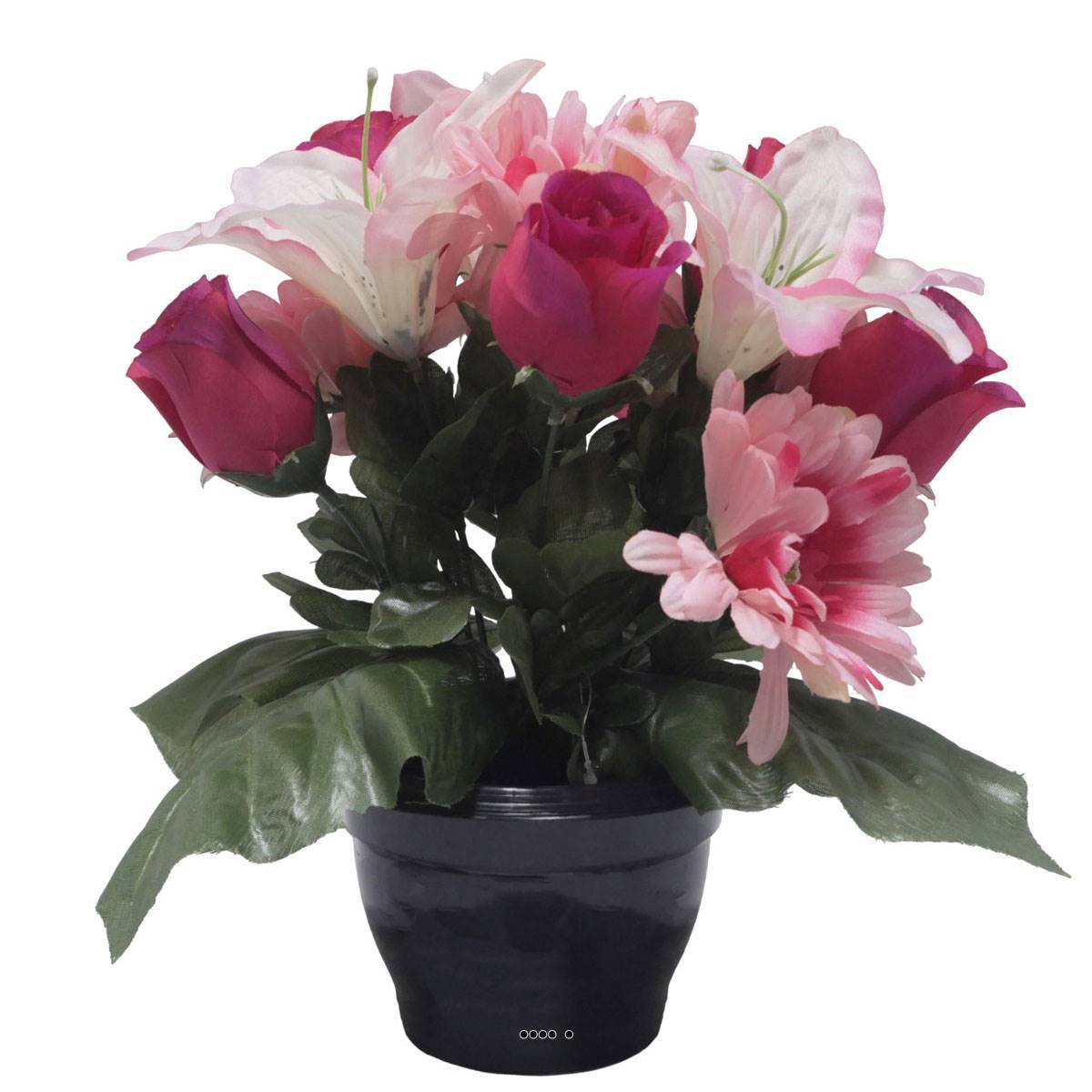 Artificielles - Pot pour Tombe de Bouton de Rose, Gerbera et Lys tigré Rose artificiels - Toussaint - couleur: Rose - Imagen 1