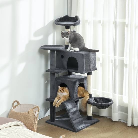 Arbre à chat de 140 cm de haut avec 2 niches, un couchage et un hamac pour 2 à 3 chats, revêtement peluche, gris - Image 4